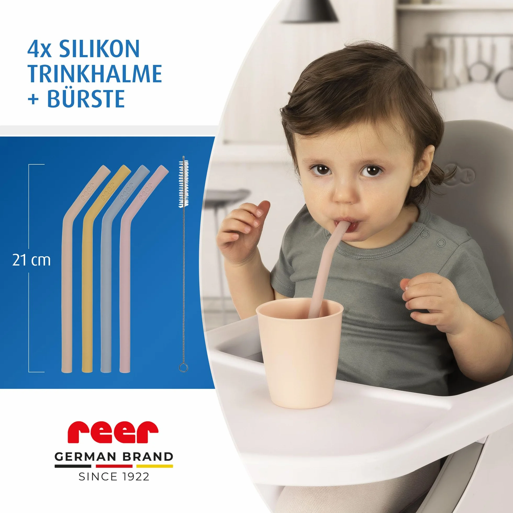 reer Silikonowe słomki dla małych dzieci i dzieci | od 24 miesięcy | zestaw 4 słomek w kolorowych kolorach | w zestawie praktyczna szczotka do czyszczenia