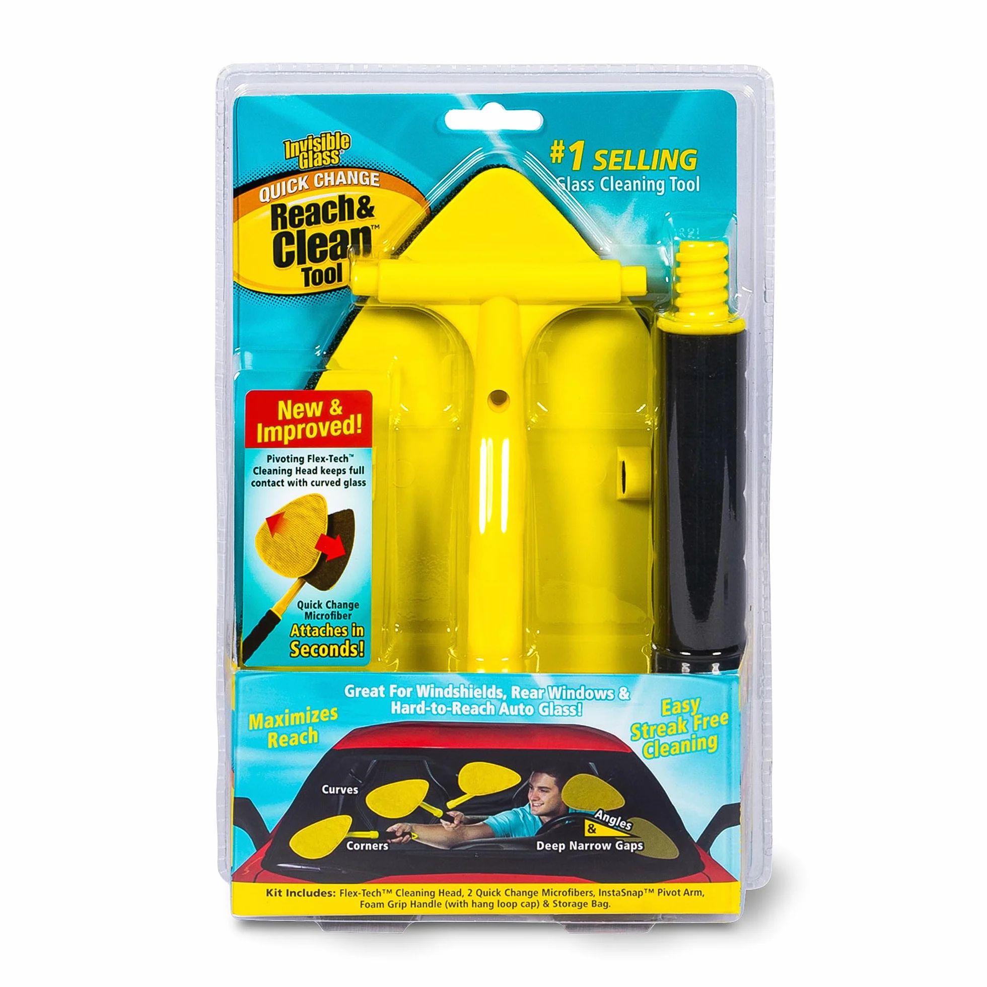 Invisible Glass 95160 Reach & Clean Glass Windshield Cleaner Tool Kit With Extendable Handle, (2) Reusable Quick Change Microfibers, and Storage Bag for Auto Windshield, Trucks, SUVs, RVs, and Windows