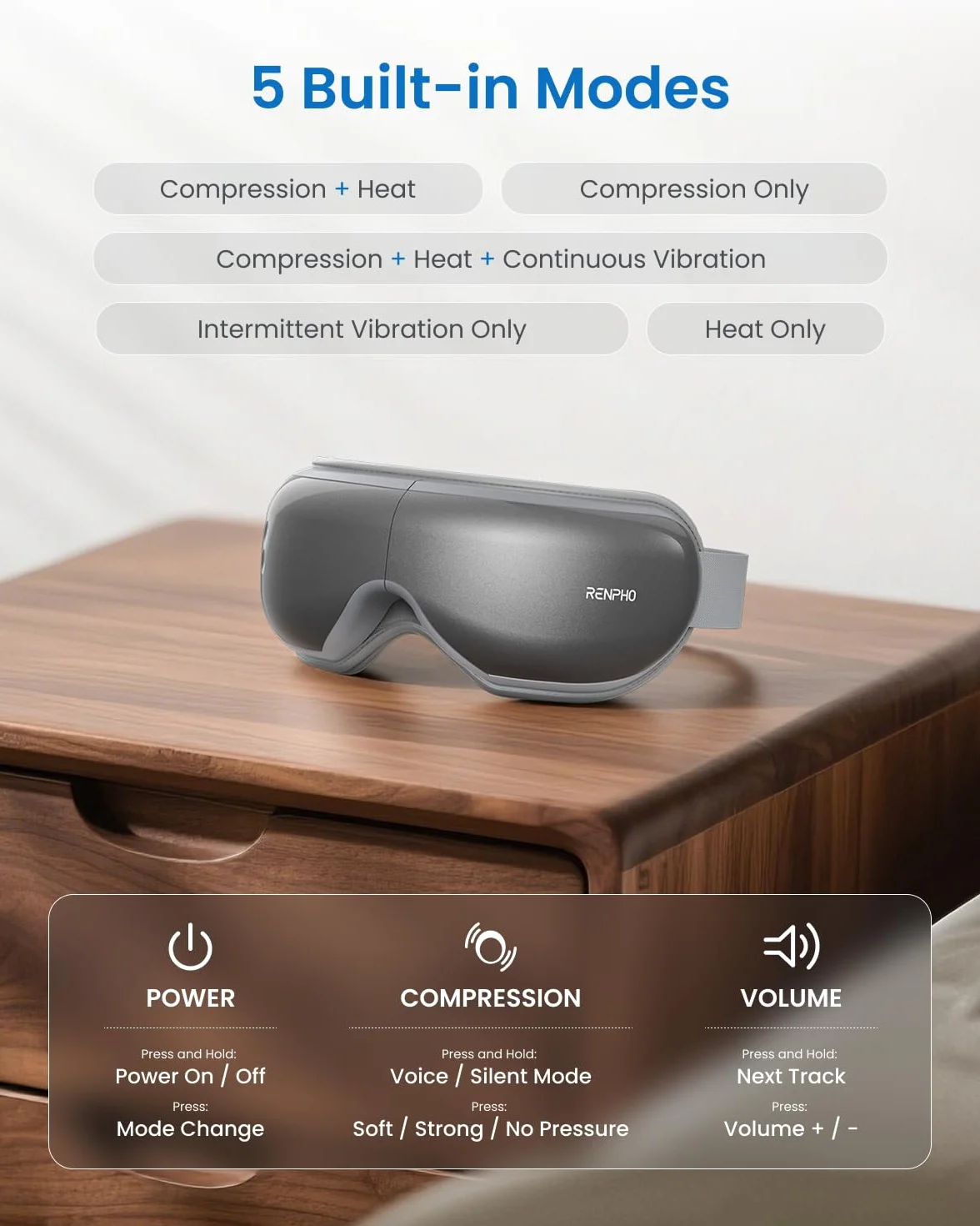 RENPHO masażer do oczu z ciepłem, kompresja powietrza Bluetooth muzyka ładowalna terapia oczu masażer dla zmniejszenia zmęczenia oczu ciemne koła torby na oczy suche oczy poprawiają sen (C-Grey)