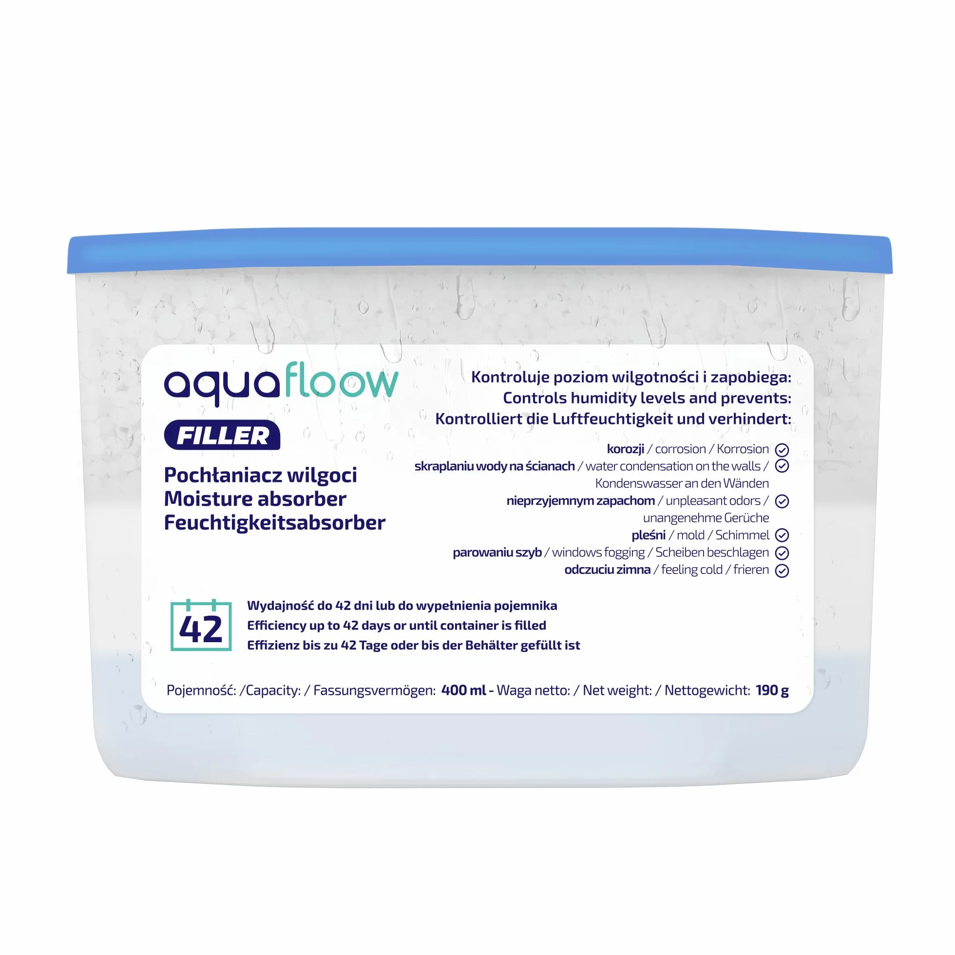 Aquafloow Osuszacz Pokojowy 400 ml, Redukuje Wilgotność, 6 Sztuk | Neutralizator Zapachów, Pochłaniacz Wilgoci do Kuchni, Szafki, Łazienki i Gabinetu