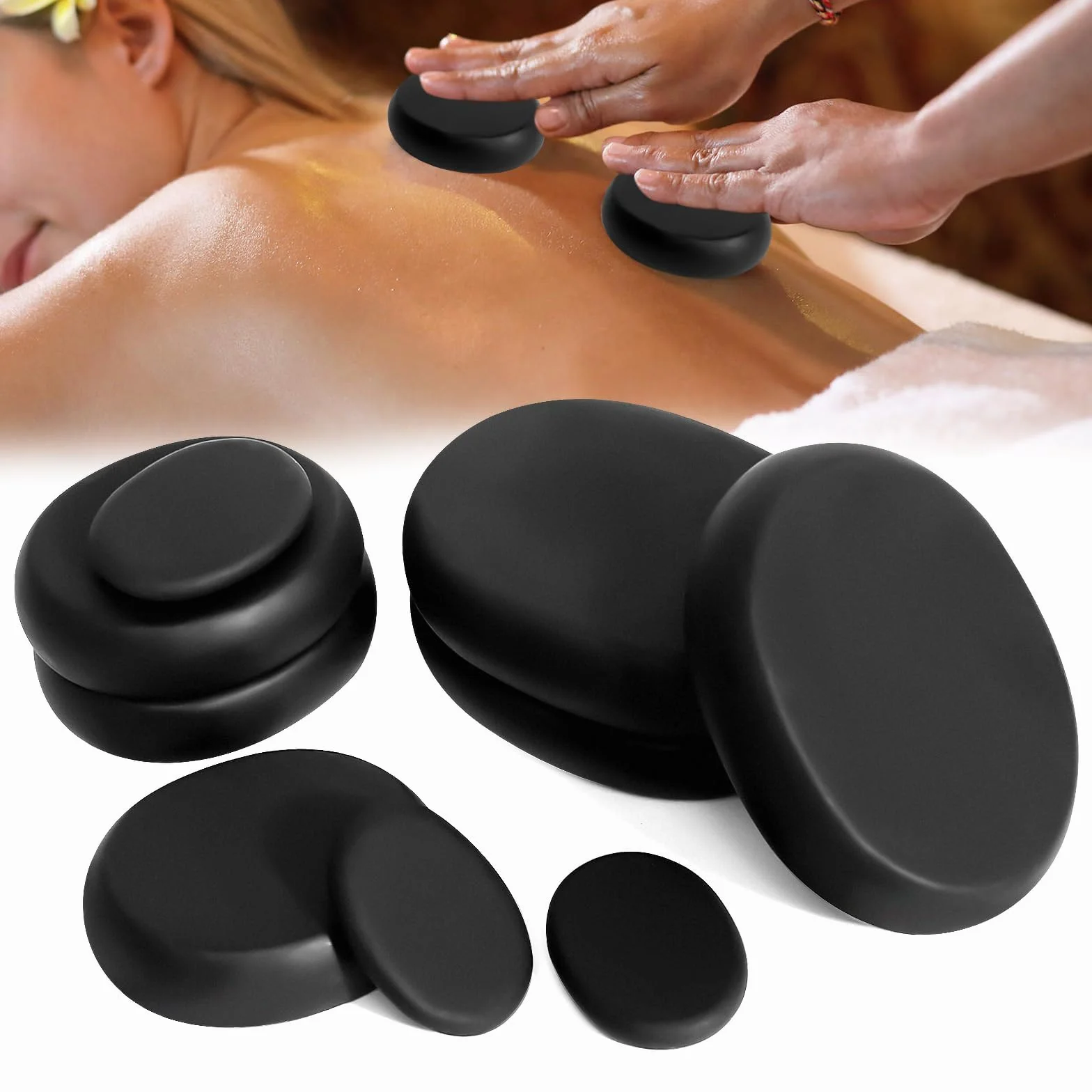 Hot Stone zestaw do masażu, 9 sztuk, kamienie bazaltowe, duże kamienie do masażu, kamienie do masażu, nadają się do spa, dla użytkowników prywatnych, do masażu, relaksu