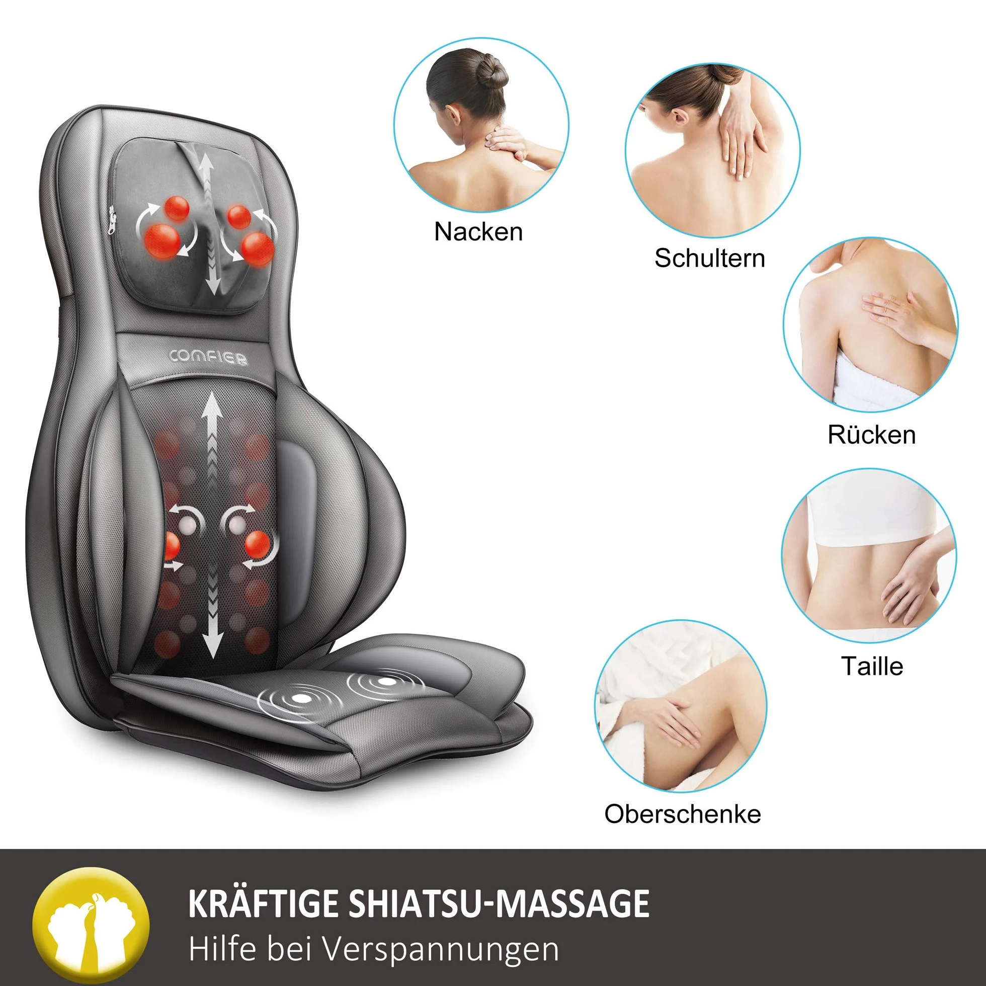 COMFIER Ciepły masażer pleców i szyi - Masaż kompresyjny do siedzenia Shiatsu, fotel do masażu ugniatającego plecy, kark i ramiona