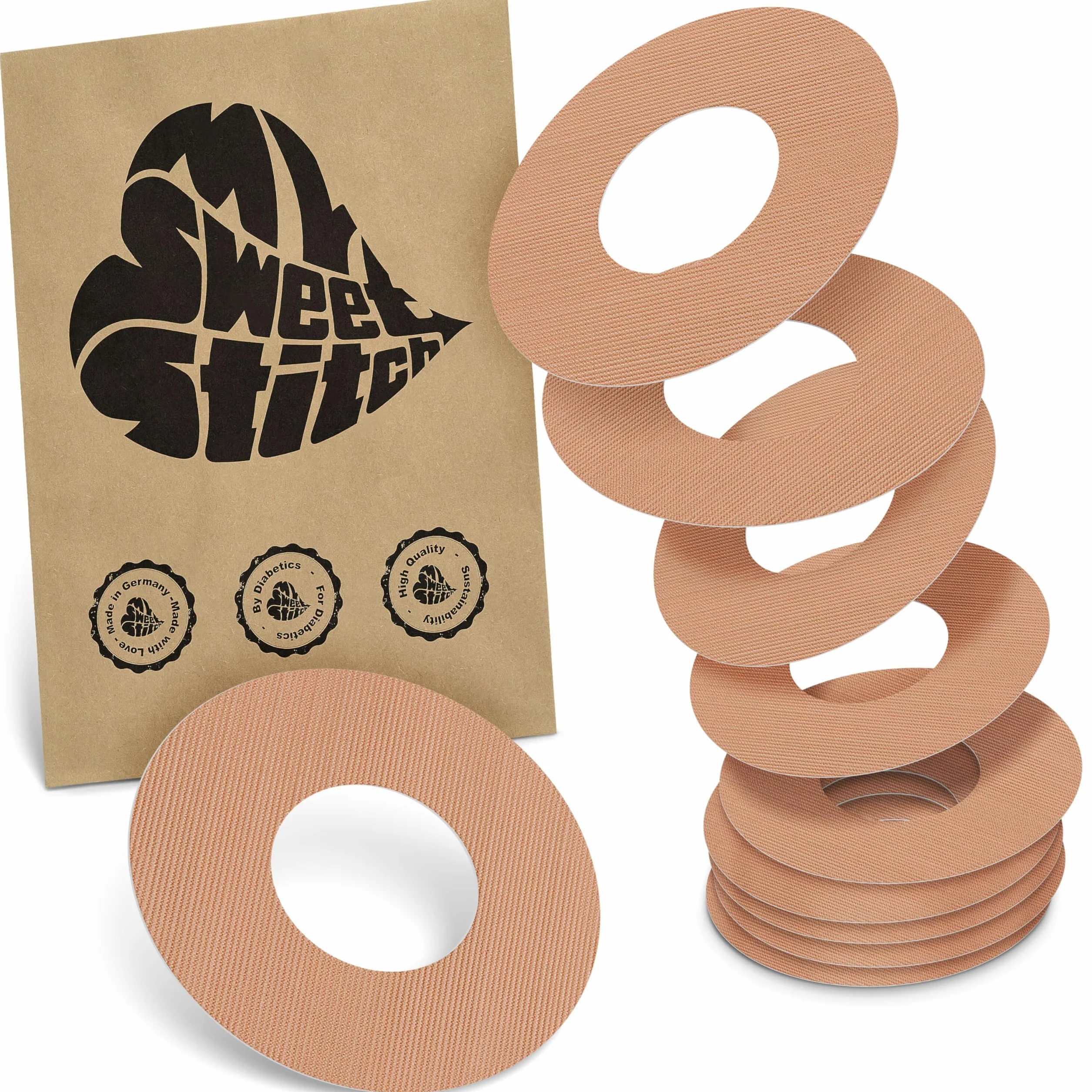 MySweetStitch | Plaster do sensora Freestyle Libre 1 & 2 z otworem wentylacyjnym | Wodoodporny i przyjazny dla skóry (10 sztuk) | okrągły | na zewnątrz: Ø 65mm, wewnątrz Ø 28mm | Beżowy