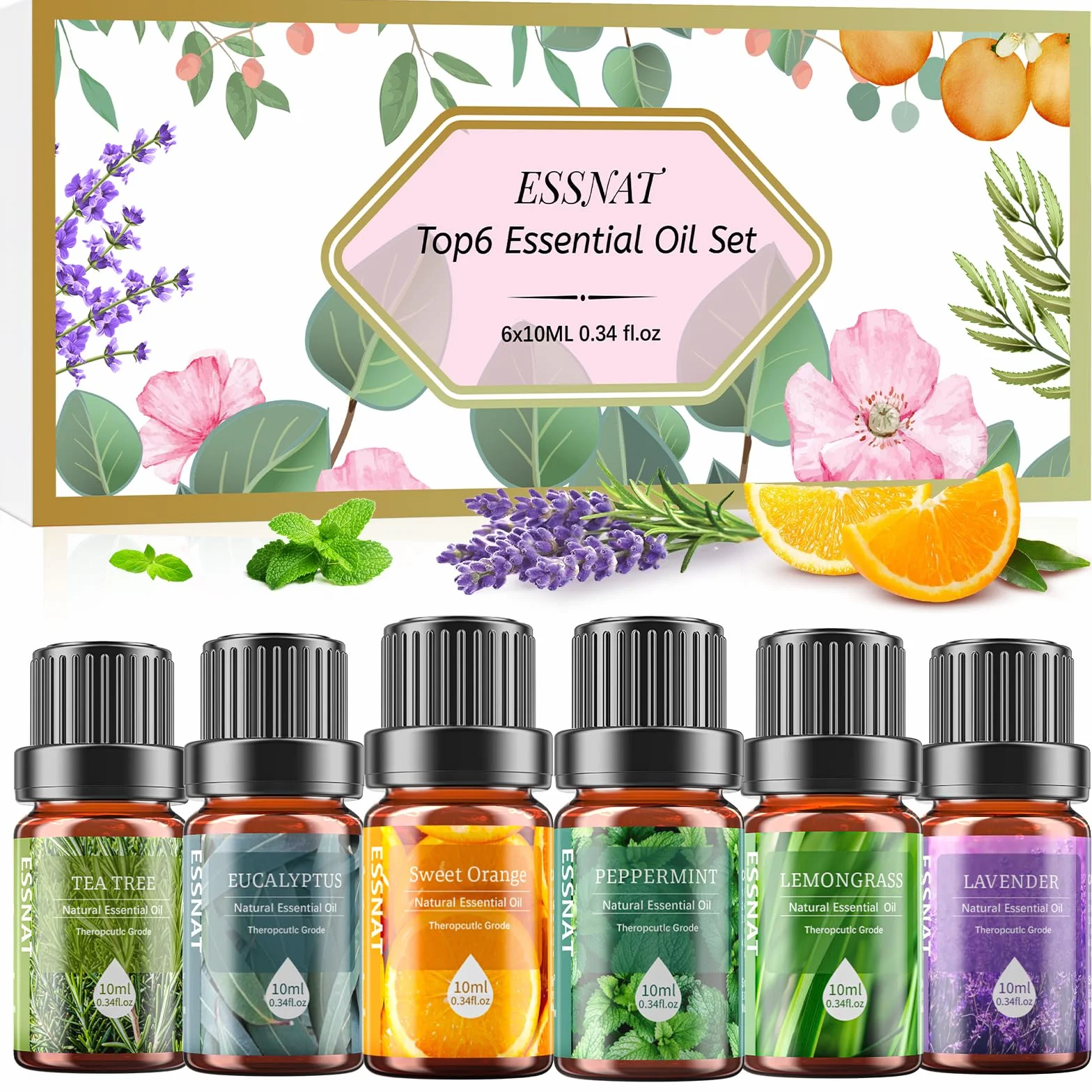 Olejki Eteryczne 6x10ml Zestaw do Dyfuzora, Naturalne Aromaterapia, Lawenda Eukaliptus Drzewo Herbaciane Mięta Pomarańcza Trawa Cytrynowa, Relaks Spa Dom Prezent
