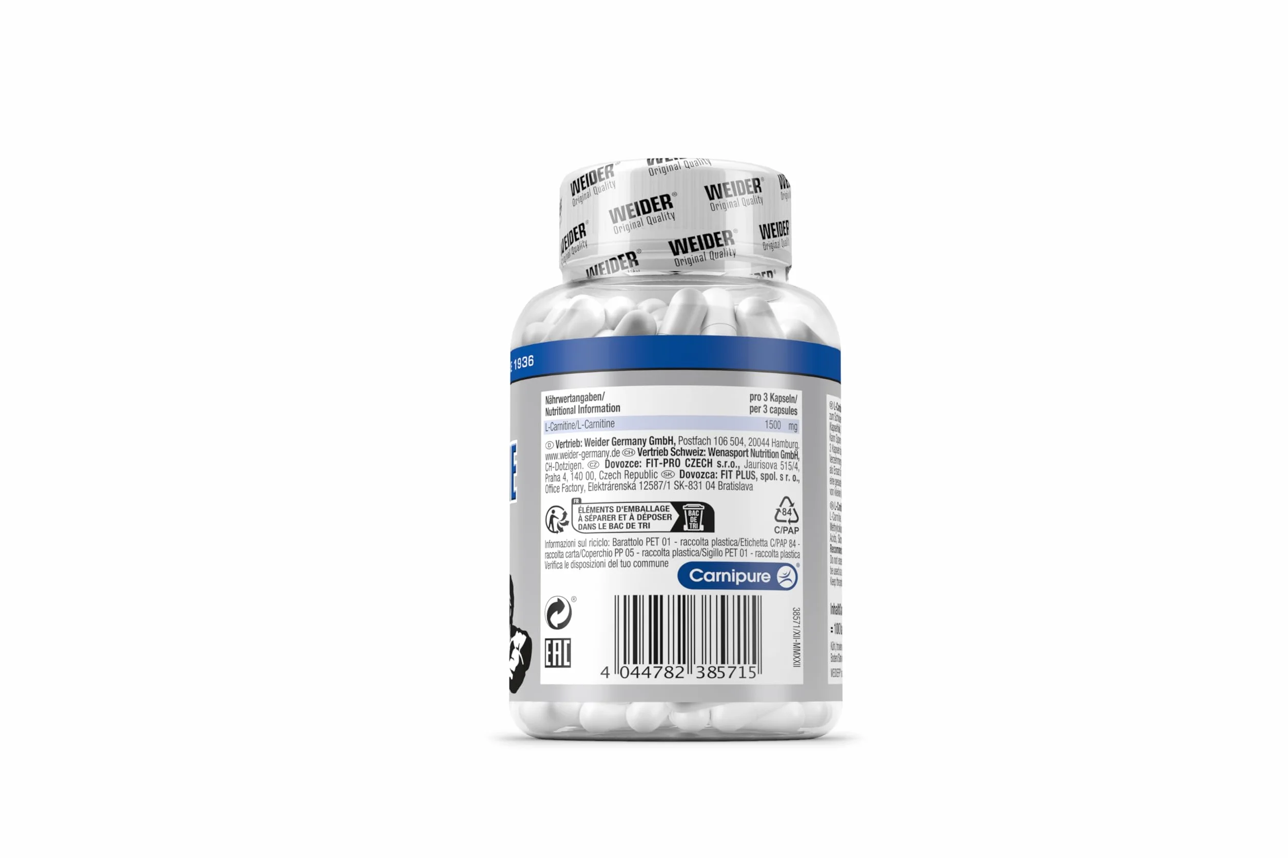 Weider L-Carnitine Caps. L-Karnityna ze 100% Carnipure®. Testowane w laboratorium. Wegańskie. 100 kapsułek