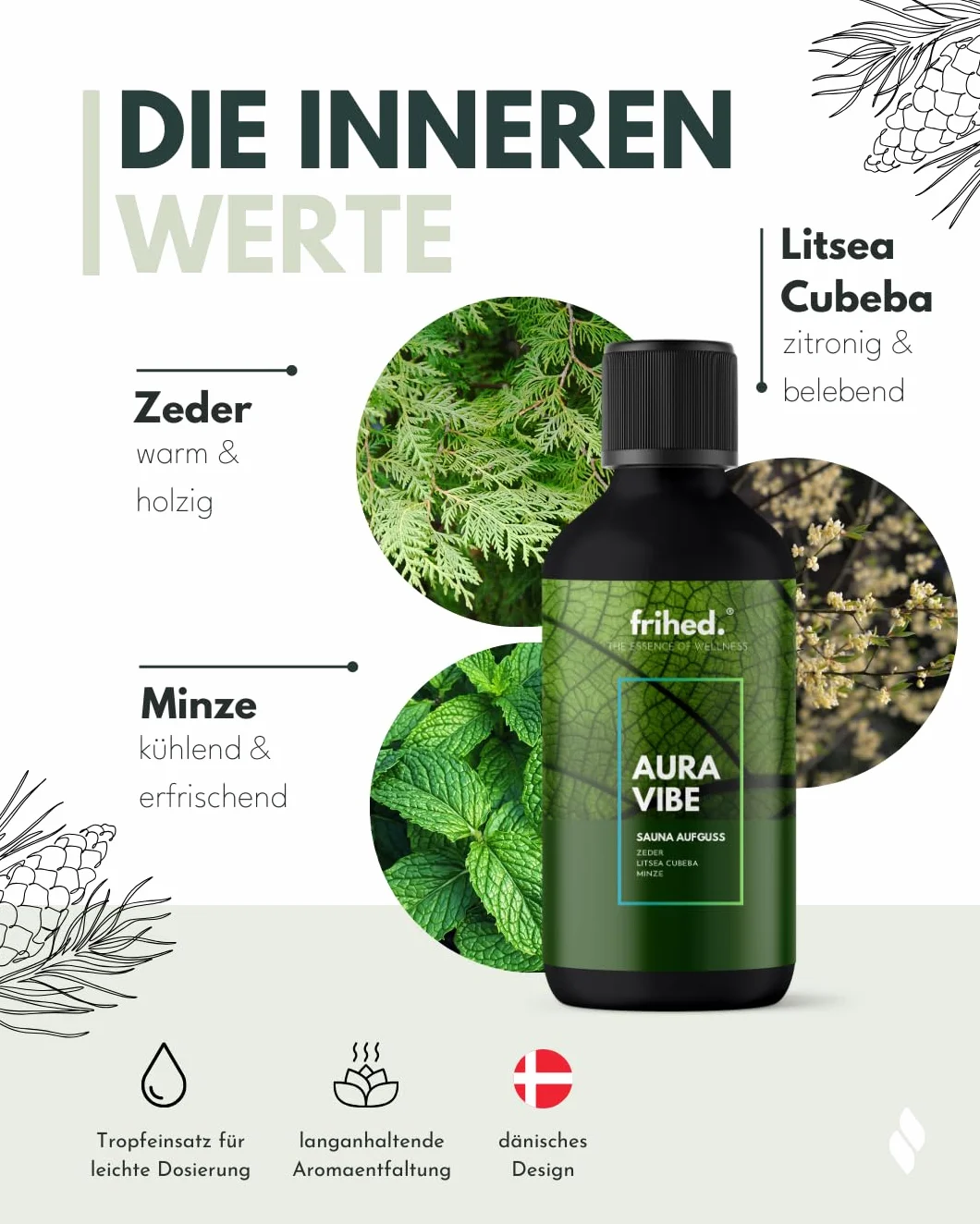 frihed.® Napar do sauny premium z aplikacją do medytacji, środek do zaparzania wszystkich rodzajów sauny, długotrwały zapach sauny, bardzo wysokiej jakości olej, pomysł na prezent (Aura Vibe, 100 ml)