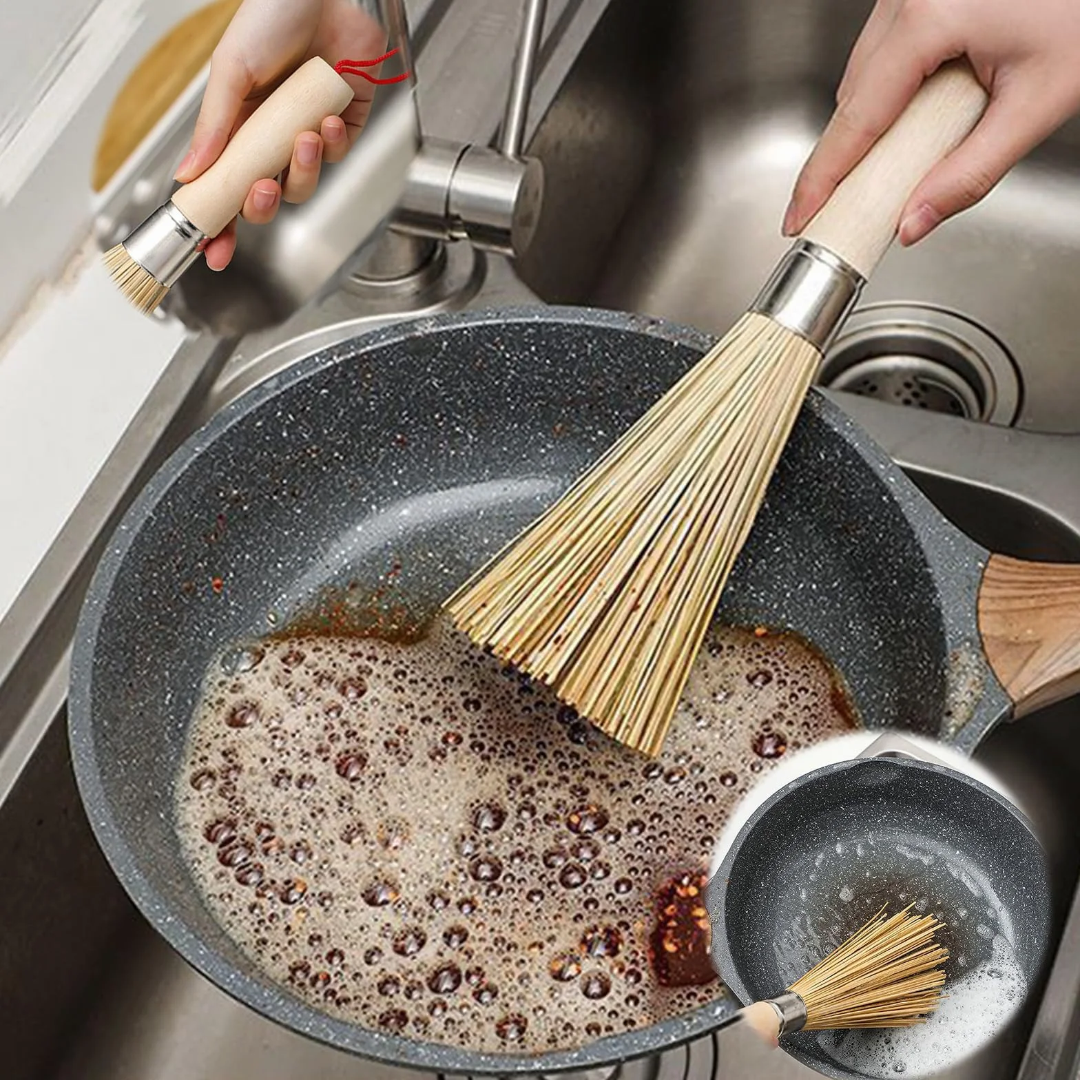 Bambusowe szczotki do woków 3 sztuki, szczotka do mycia naczyń