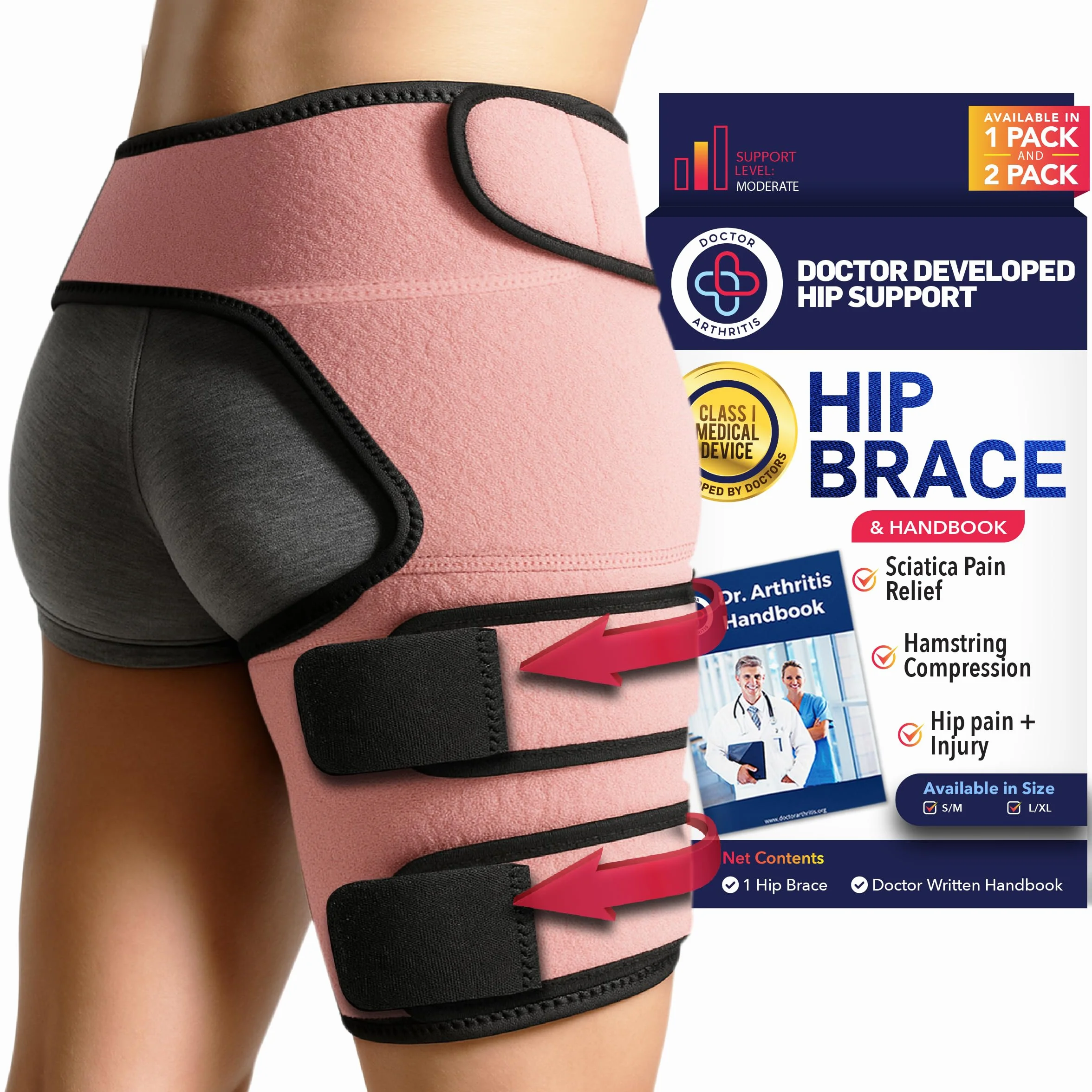 Dr. Arthritis Orteza prawego biodra L/XL różowy wsparcie nerwu kulszowego uciskowa opaska na udo