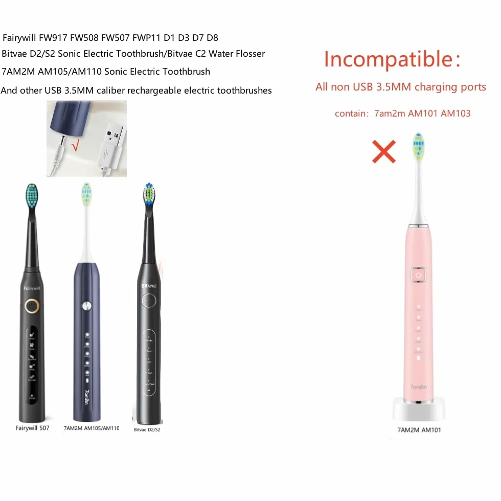 Ładowarka USB do elektrycznej szczoteczki do zębów 7AM2M AM105/AM110, podstawa ładowarki dla Fairywill/Bitvae/Dnsly/Vekkia/Gloridea/Sboly