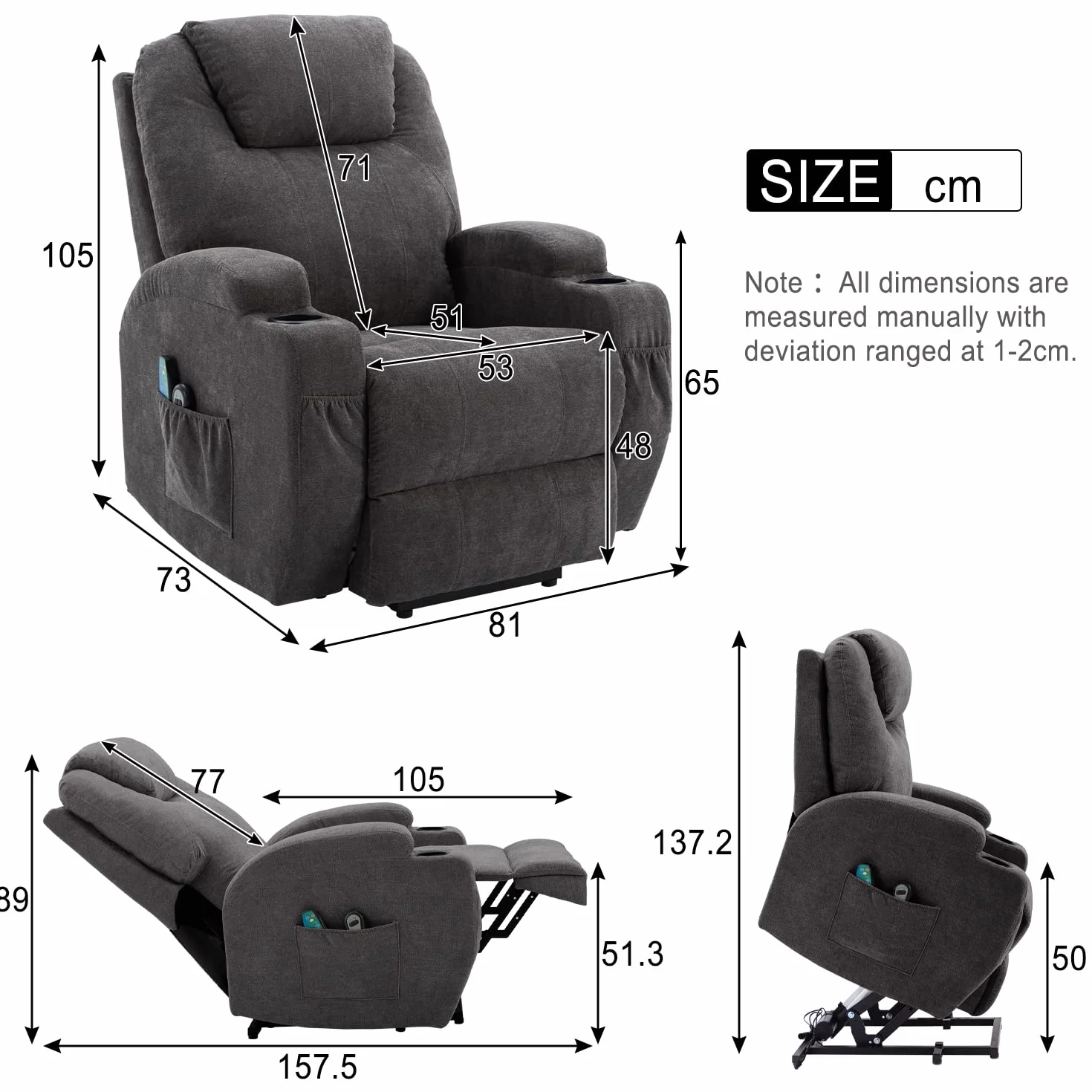 Power Lift Fotel do masażu dla osób starszych, elektryczny fotel podnoszący z ciepłem i masażem, sofa z tkaniny z 2 uchwytami na kubki, boczne kieszenie sterujące do salonu, dostępne w Irlandii