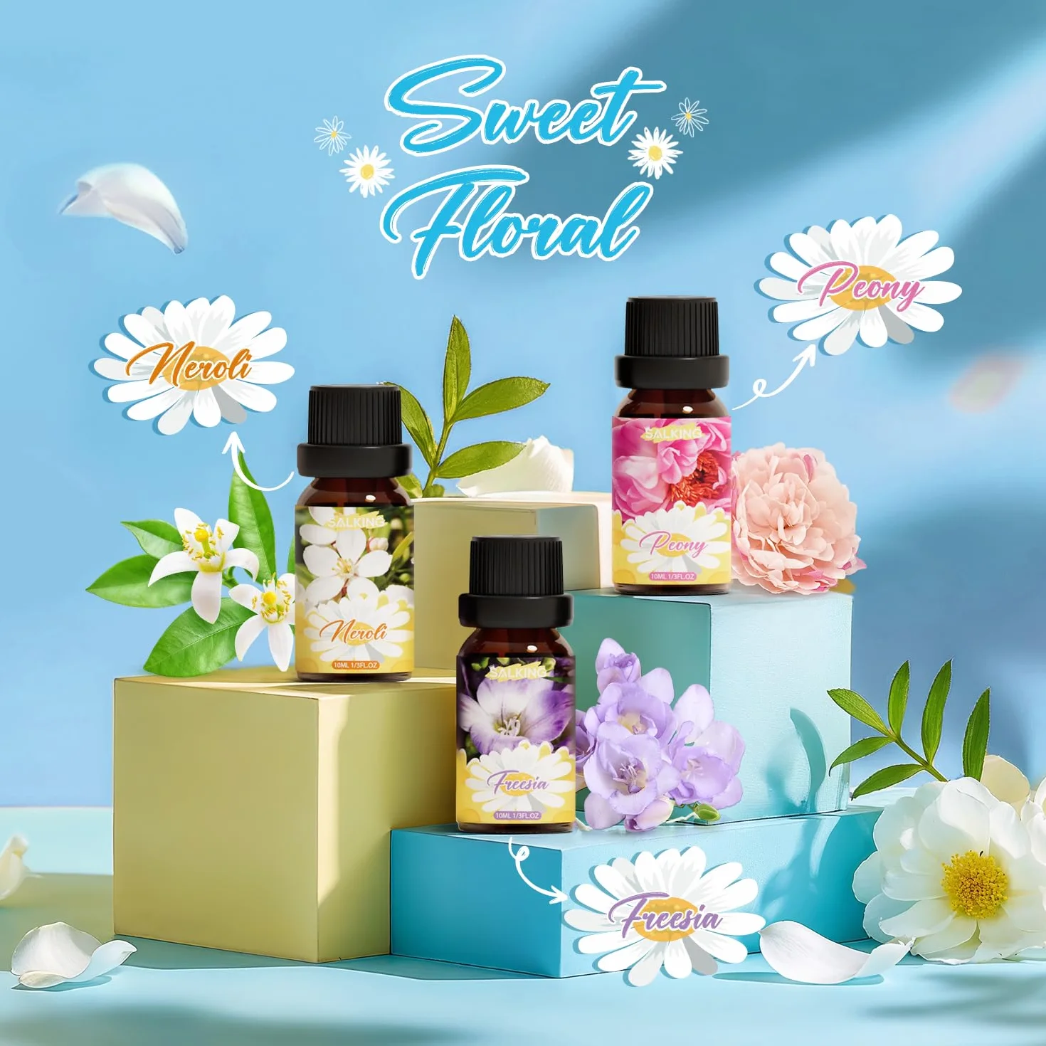 SALKING Zestaw olejków eterycznych 100% czysty 6 x 10 ml jaśmin neroli wiciokrzew piwonia geranium frezja