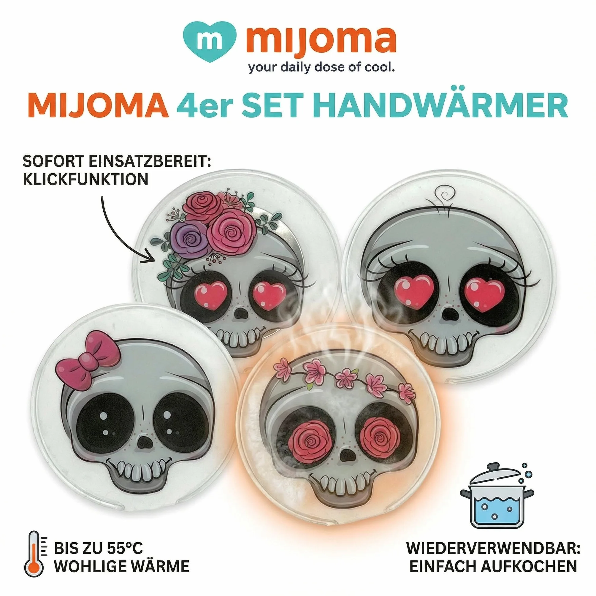 MIJOMA 4-częściowy zestaw ogrzewaczy do rąk, ogrzewacze do kieszeni wielokrotnego użytku z funkcją klikania, gotowe do użycia, na zimę, na zewnątrz, jako prezent