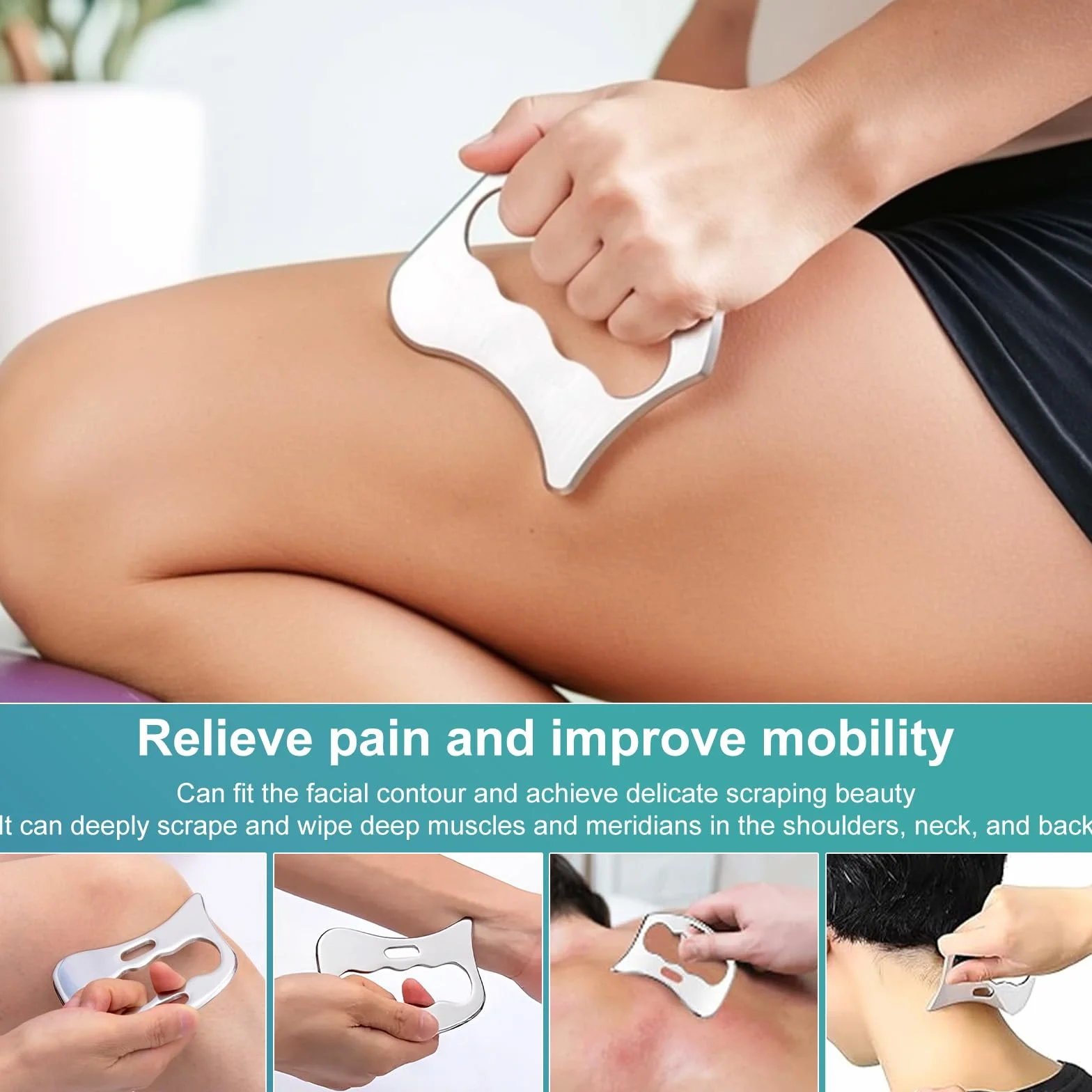 Gua Sha Stal Nierdzewna 2 w 1 - Narzędzie do Masowania Gua Sha, Zestaw do Rollowania Mięśni i Fascii, Terapia Fizyczna na Plecy, Nogi, Twarz, Relaksacja Mięśni i Uśmierzanie Bólu