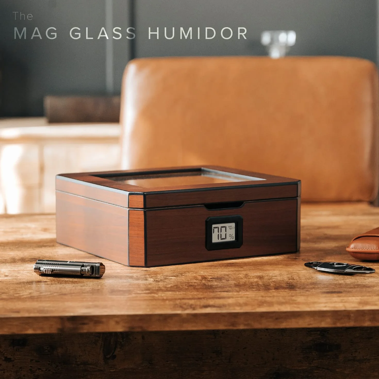 MAG Humidor Biurkowy Orzech Włoski Szklany Blat Magnetyczny Ośmiokątny Cyfrowy Higrometr Cedr Hiszpański 20-30 Cygar
