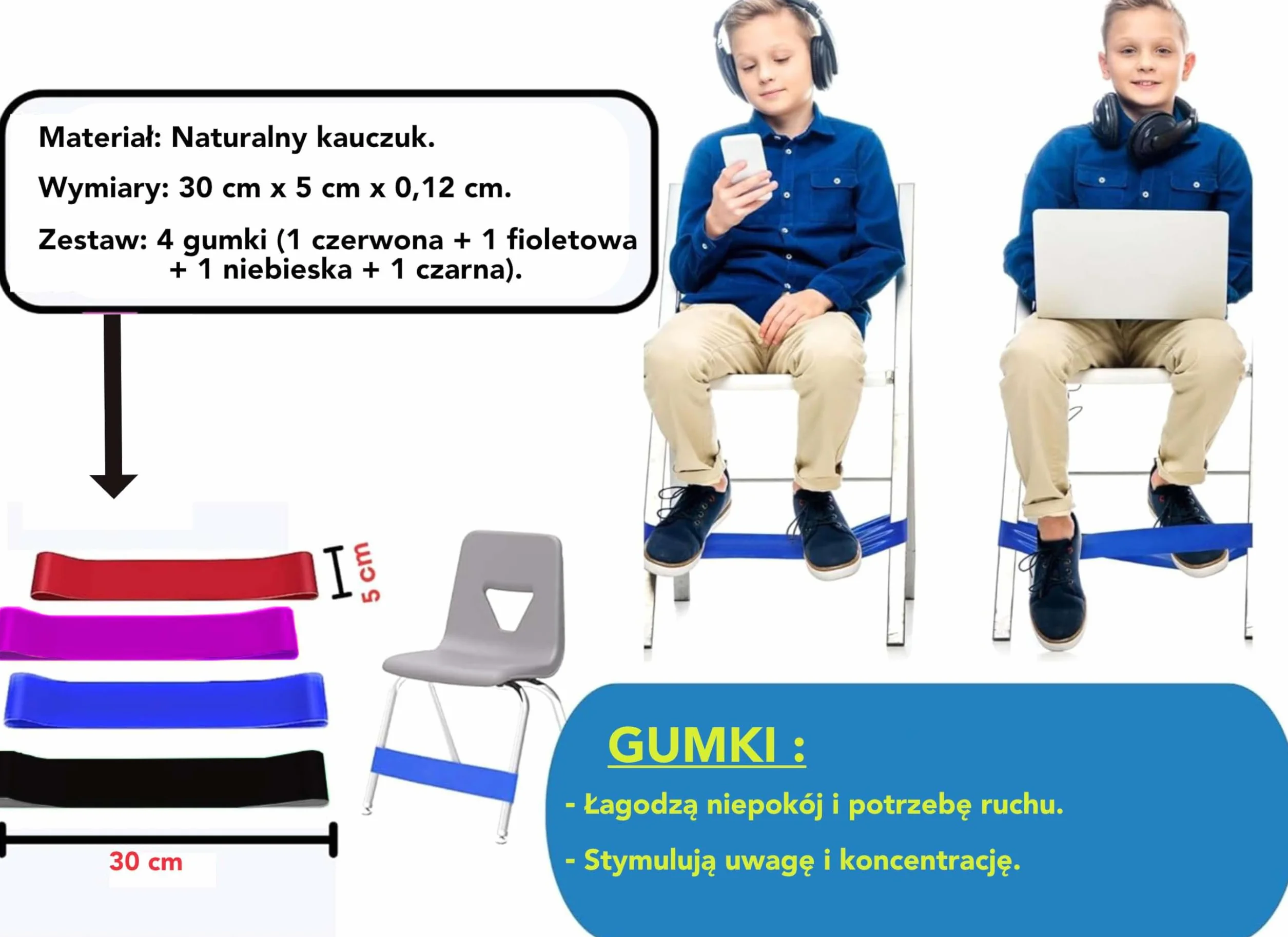 4 elastyczne taśmy na krzesło dla dzieci z ADHD, Gwarantowane skupienie i spokój, Bezpieczny materiał z naturalnego lateksu, eBook "ADHD u Dzieci" w zestawie