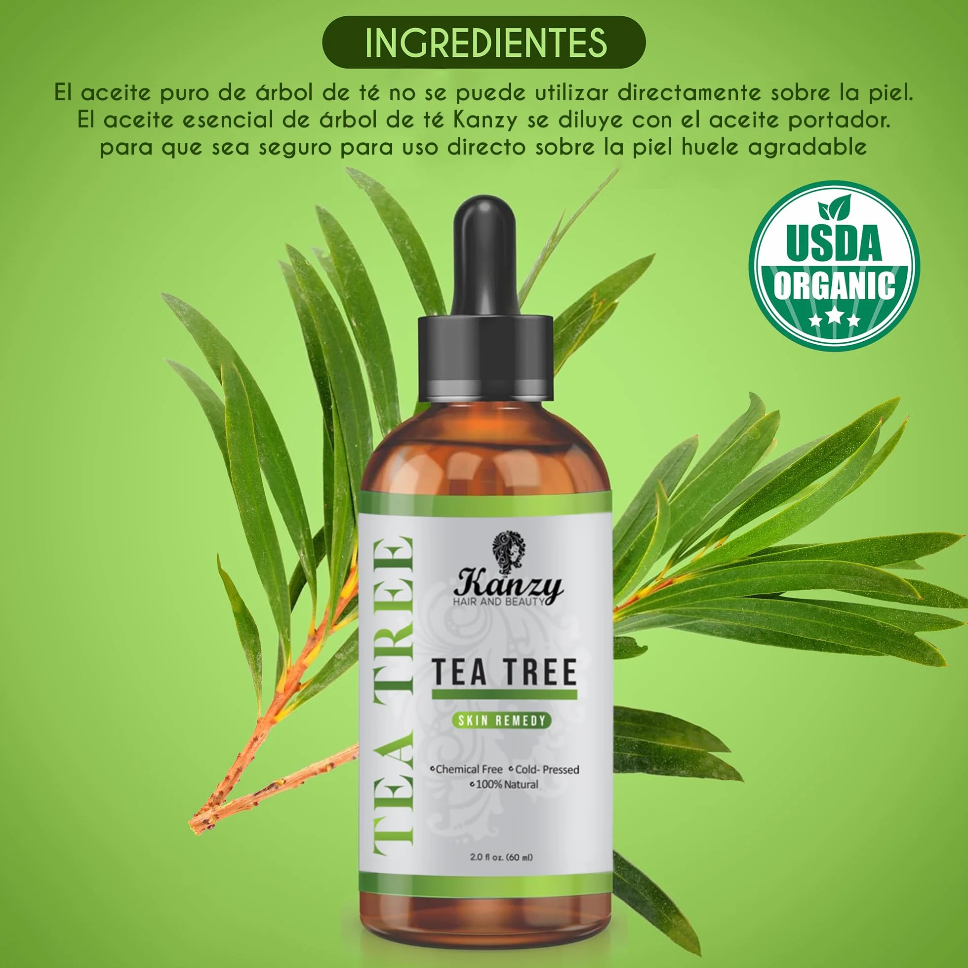 Kanzy Olejek Drzewa Herbacianego 60ml 100% dla Skóry Tea Tree Oil Zabieg na Twarz, Włosy, i Paznokcie Naturalny Wegański