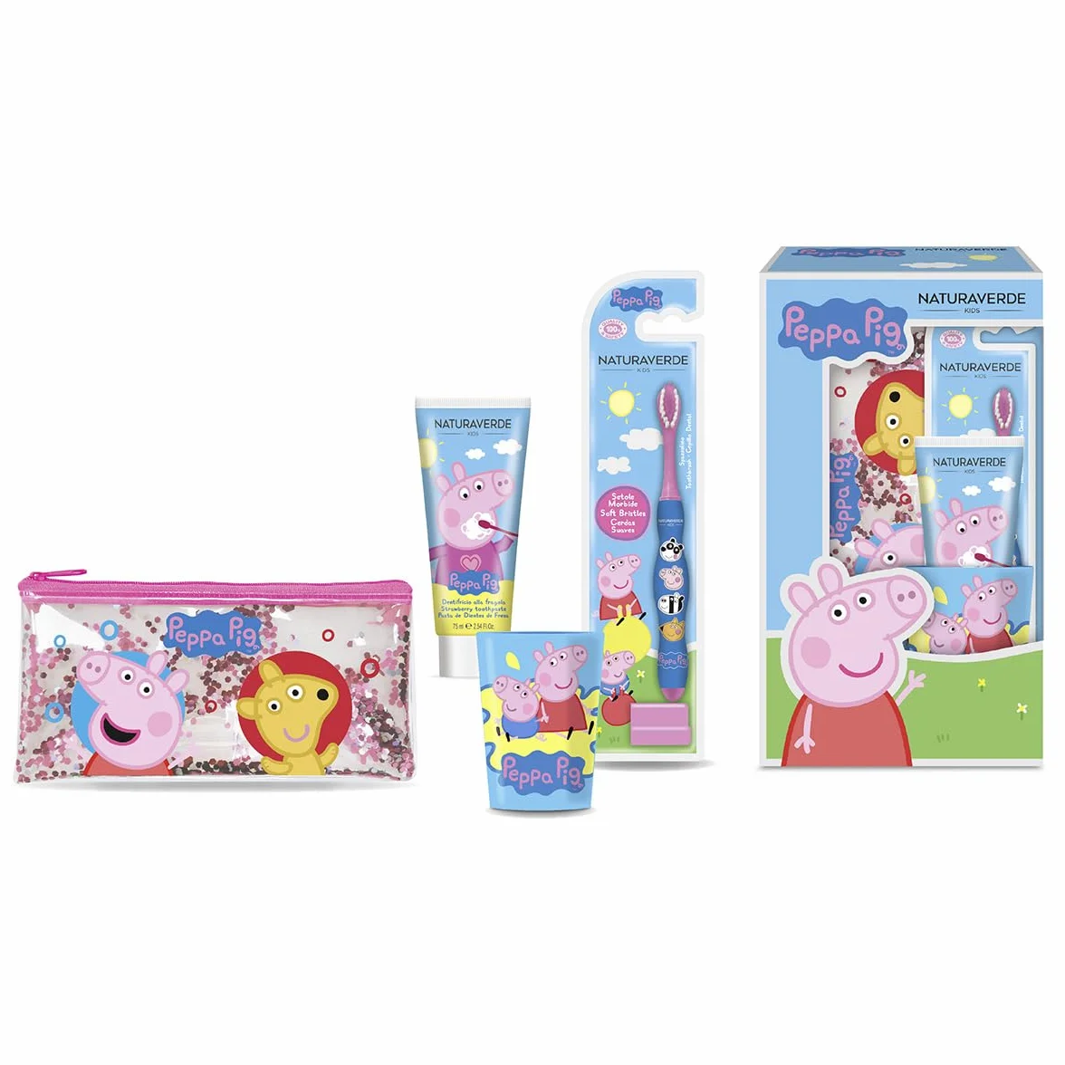 Naturaverde Peppa Pig Gift Set Oral Care ręczna szczoteczka do zębów pasta do zębów dla dzieci truskawka 75ml szklanka kopertówka brokatowa