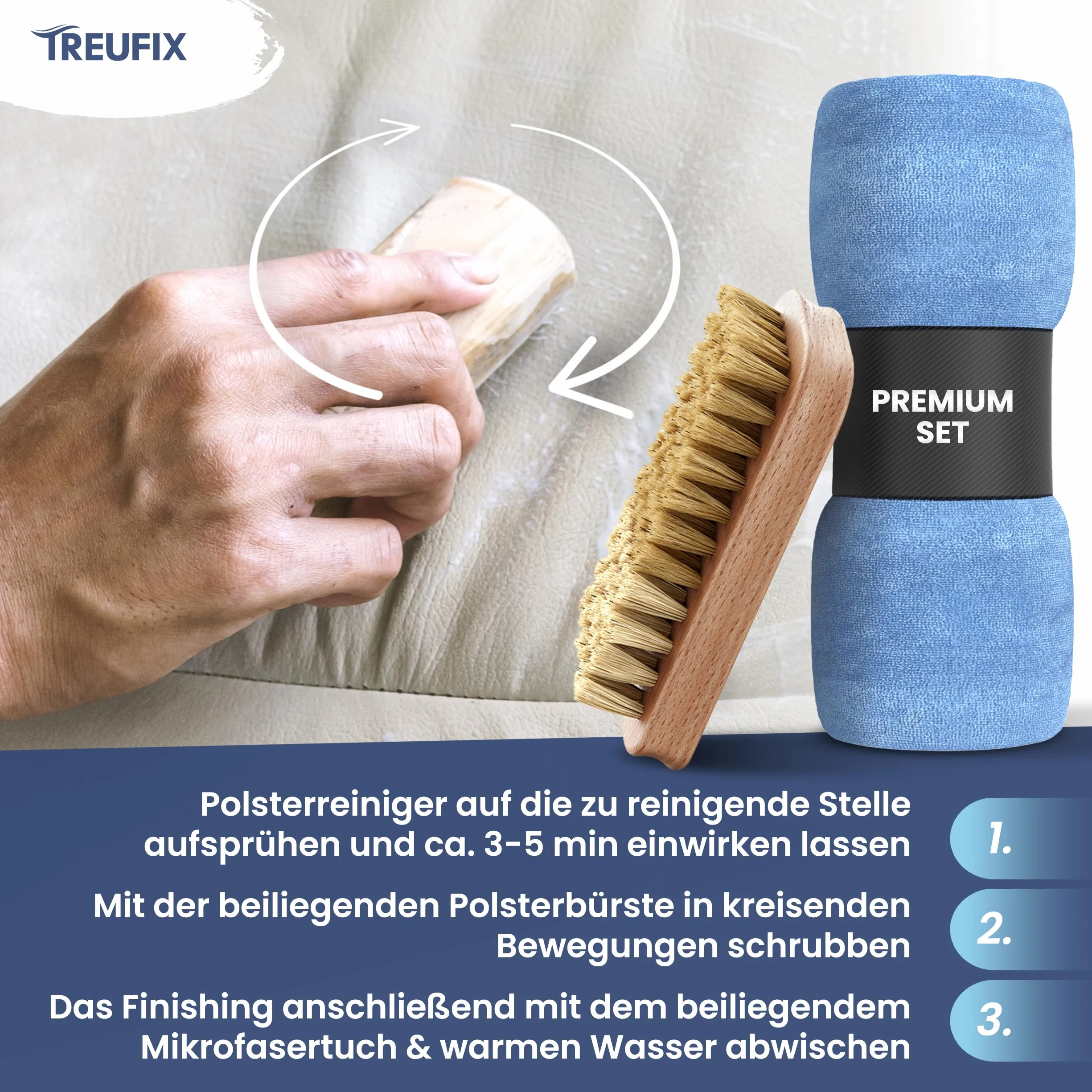 Treufix Środek do czyszczenia tapicerki i dywanów zestaw ze szczotką i ściereczką z mikrofibry