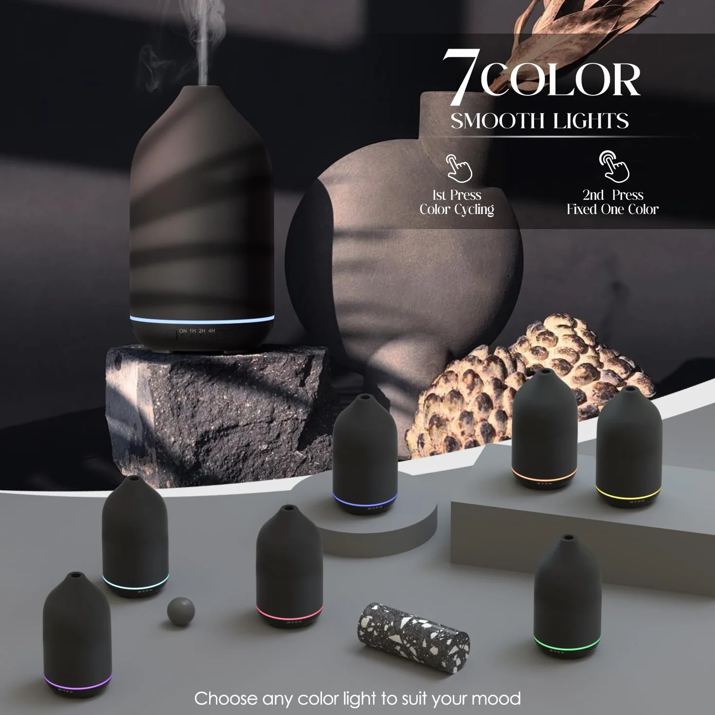 SALKING Dyfuzor olejków eterycznych, 200 ml, ceramiczny dyfuzor nawilżacz, ultradźwiękowy dyfuzor olejków eterycznych z 7 kolorami LED, automatyczne wyłączanie, timer, czarny