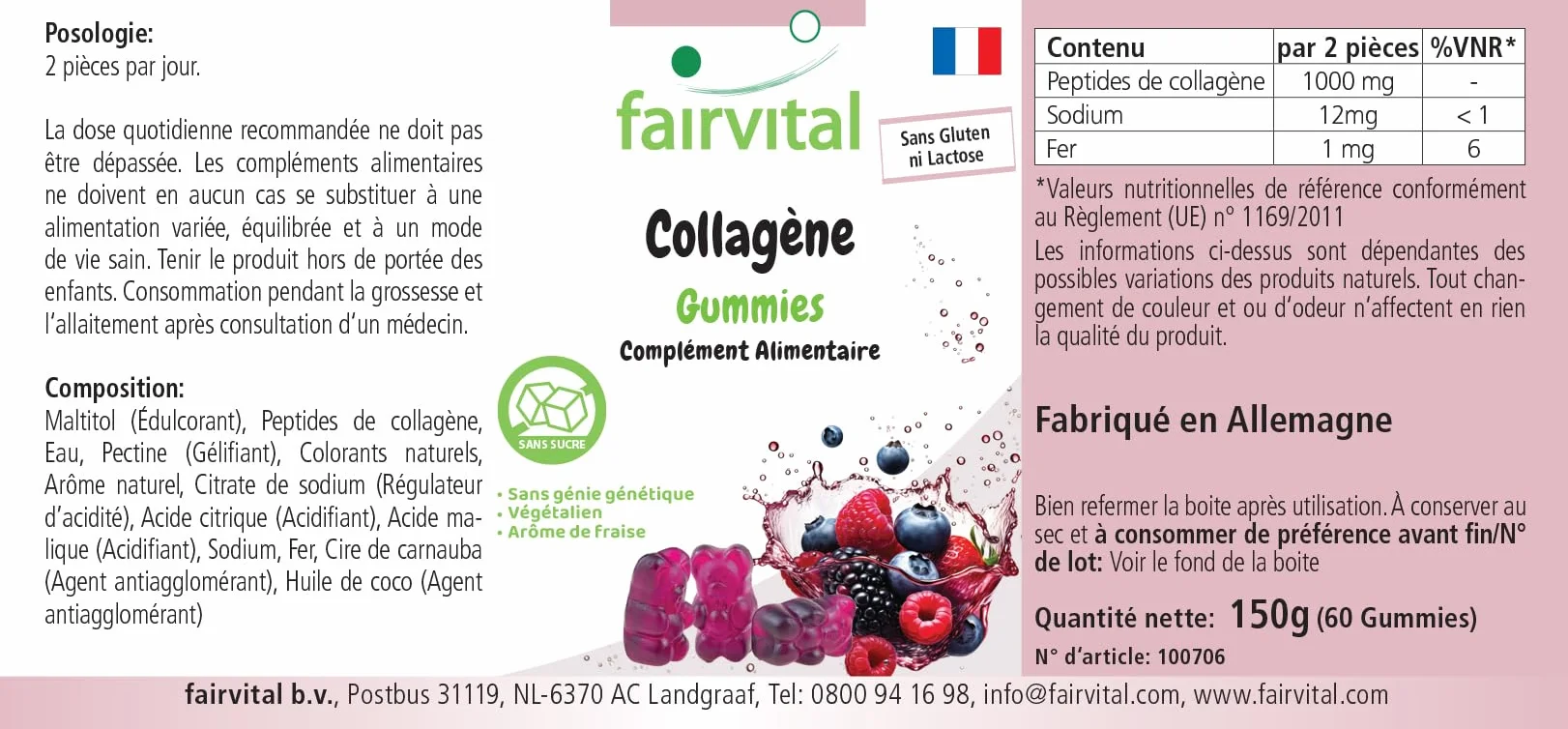 Fairvital Żelki kolagenowe 60 sztuk 1000mg z sodem i żelazem bez cukru