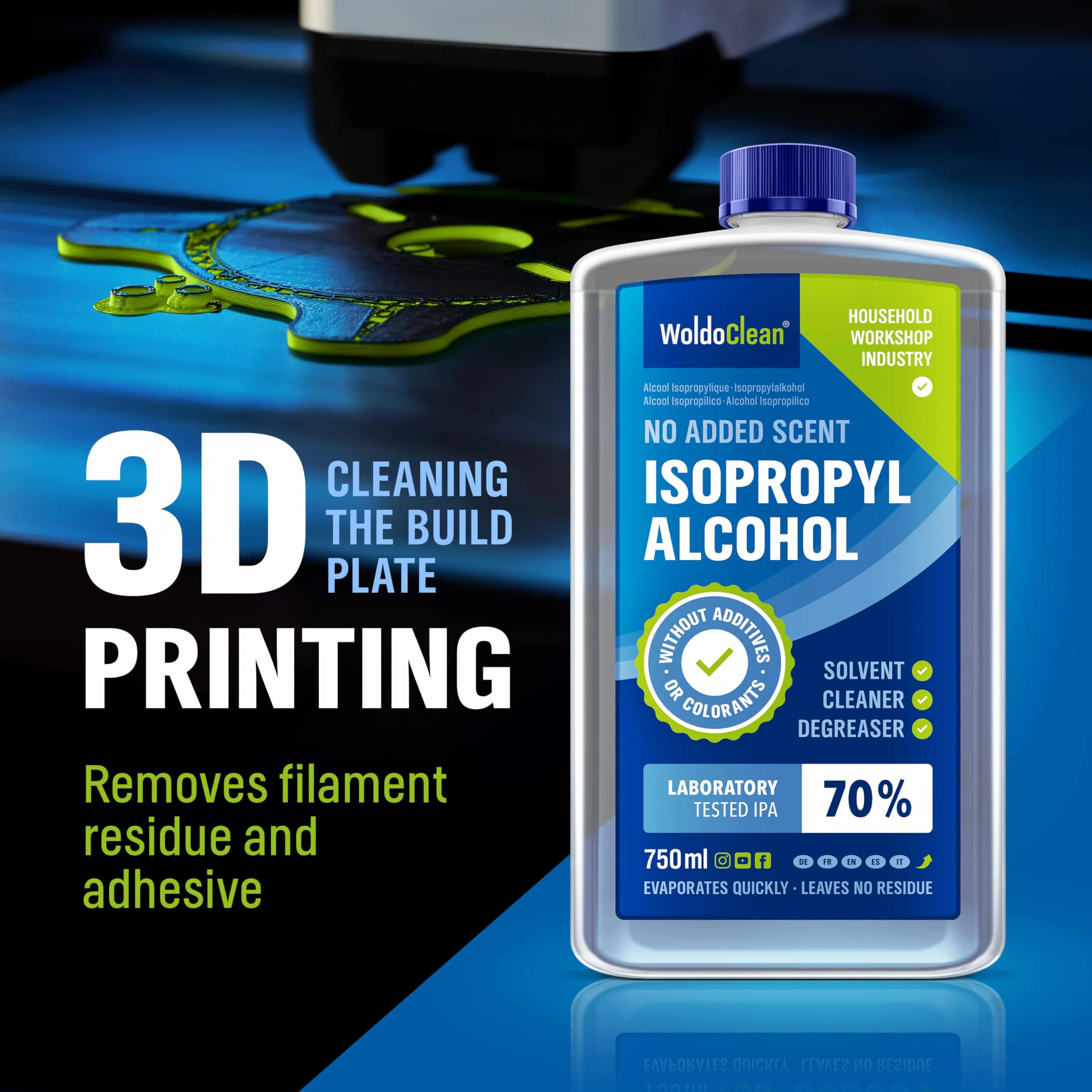WoldoClean Alkohol izopropylowy 70% 750 ml – Środek czyszczący do elektroniki, szkła i gospodarstwa domowego, IPA, odtłuszczacz i rozpuszczalnik, nie pozostawia śladów