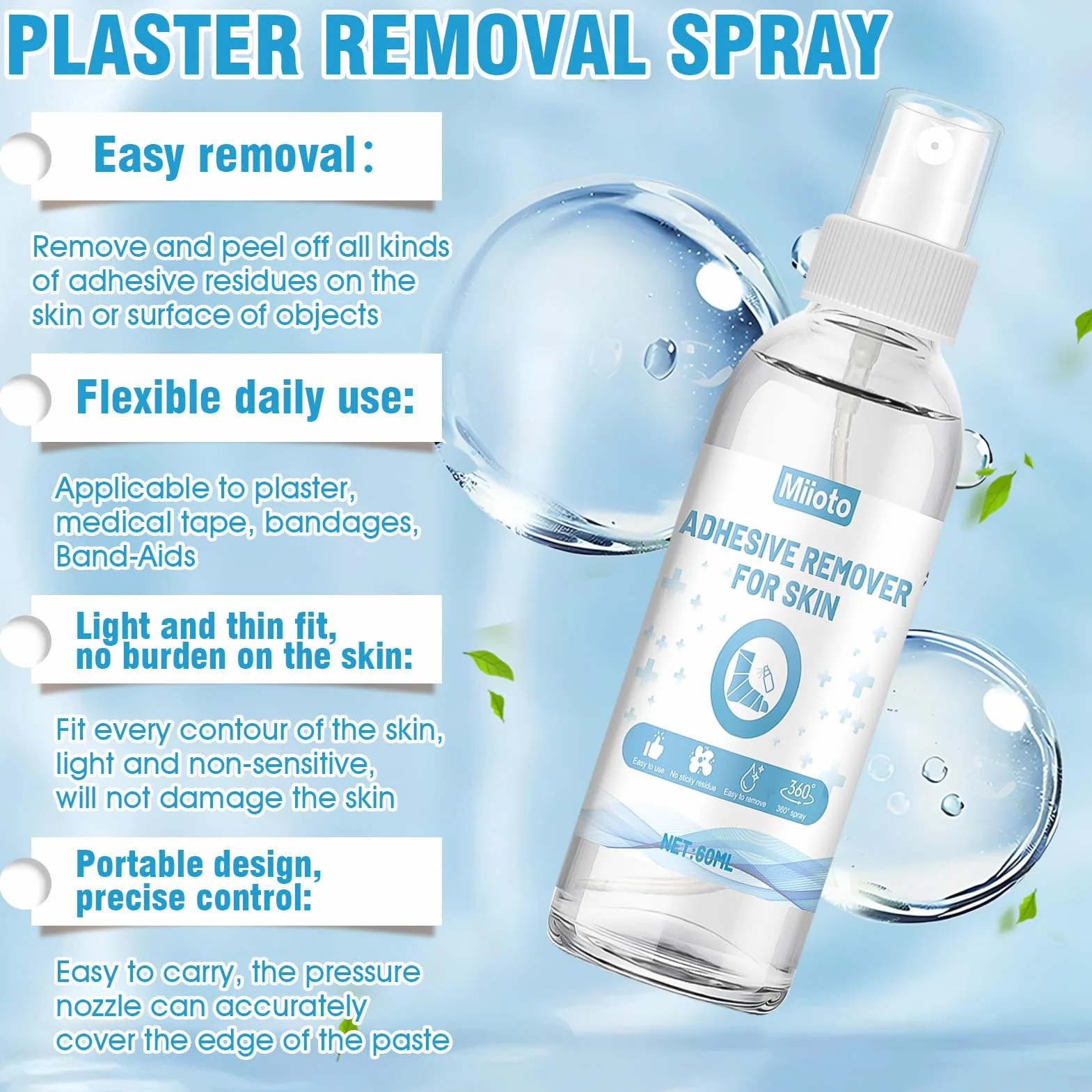 Miioto Środek do usuwania plastrów w sprayu, 60 ml + 12 x 12 cm ręcznik, spray do plastrów, plaster natryskowy, spray do usuwania resztek kleju