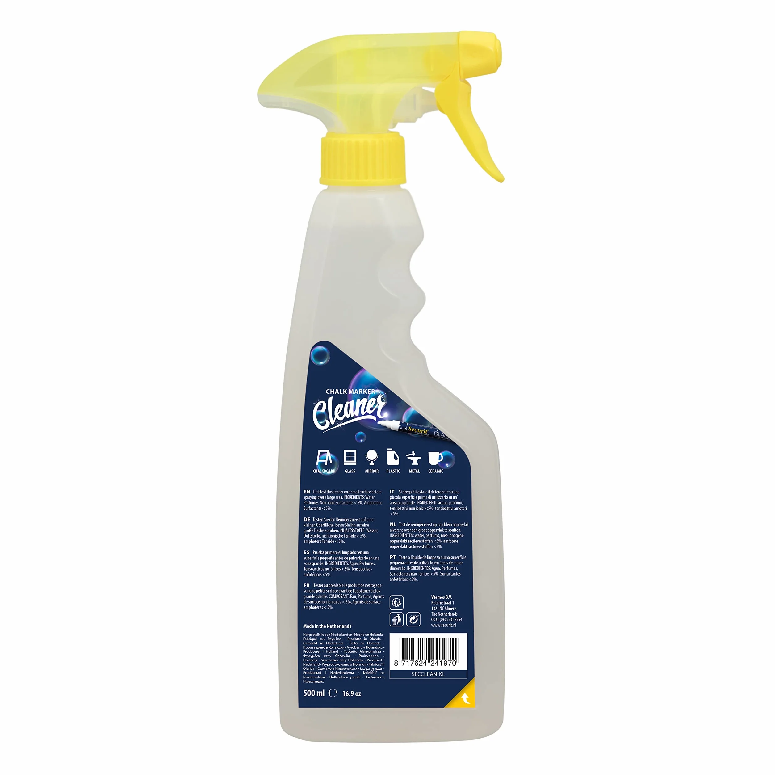 Securit Płynny spray do czyszczenia długopisów kredowych 500 ml – usuwanie resztek płynnej kredy z tablic i tablic, spray do czyszczenia markerów malarskich, przybory szkolne – środek do czyszczenia szkła