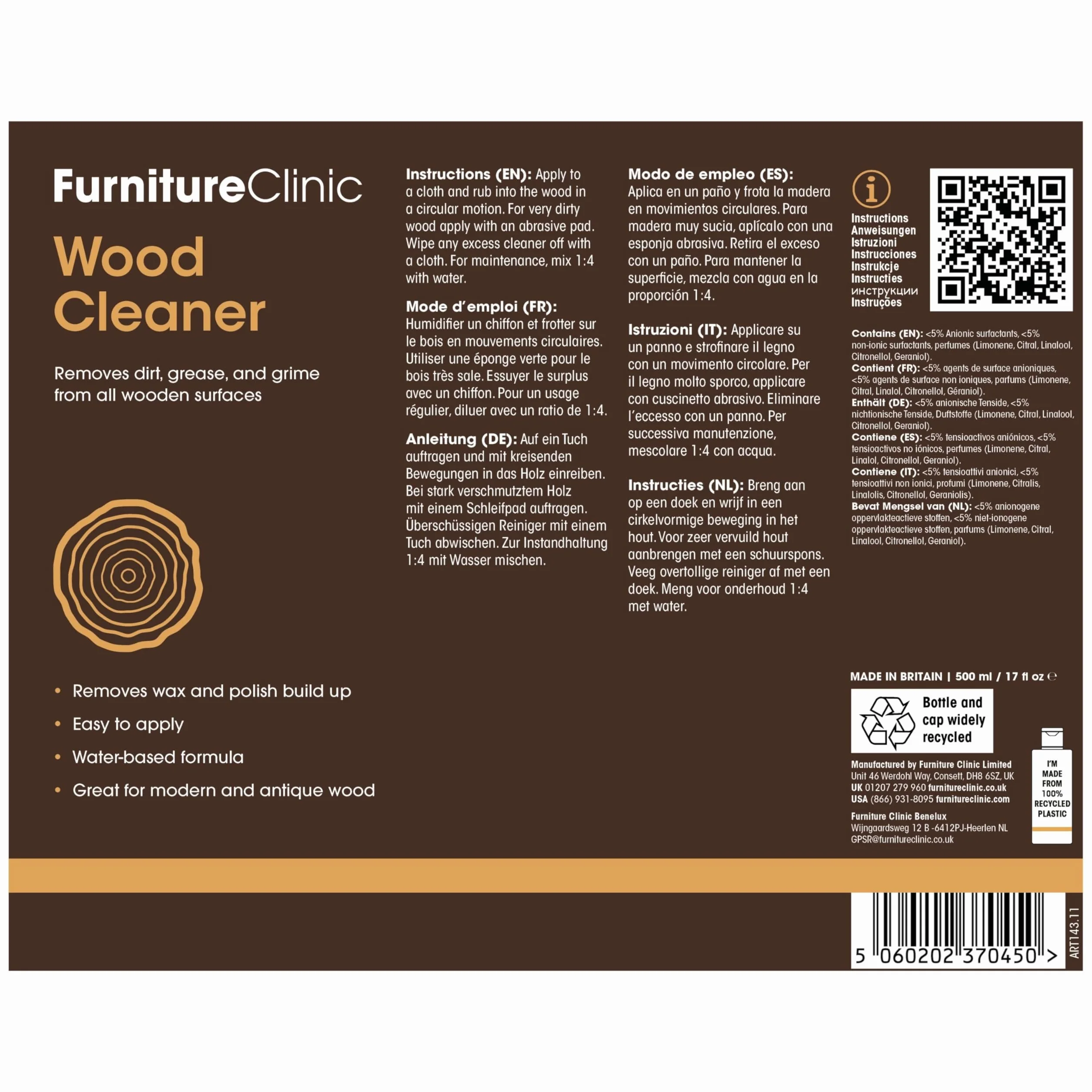 Furniture Clinic Środek do czyszczenia drewna (500 ml) | Przywracanie i czyszczenie drewnianych podłóg, mebli, rolet, drzwi, tarasów i wielu innych powierzchni drewnianych – łatwo usuwa wosk i