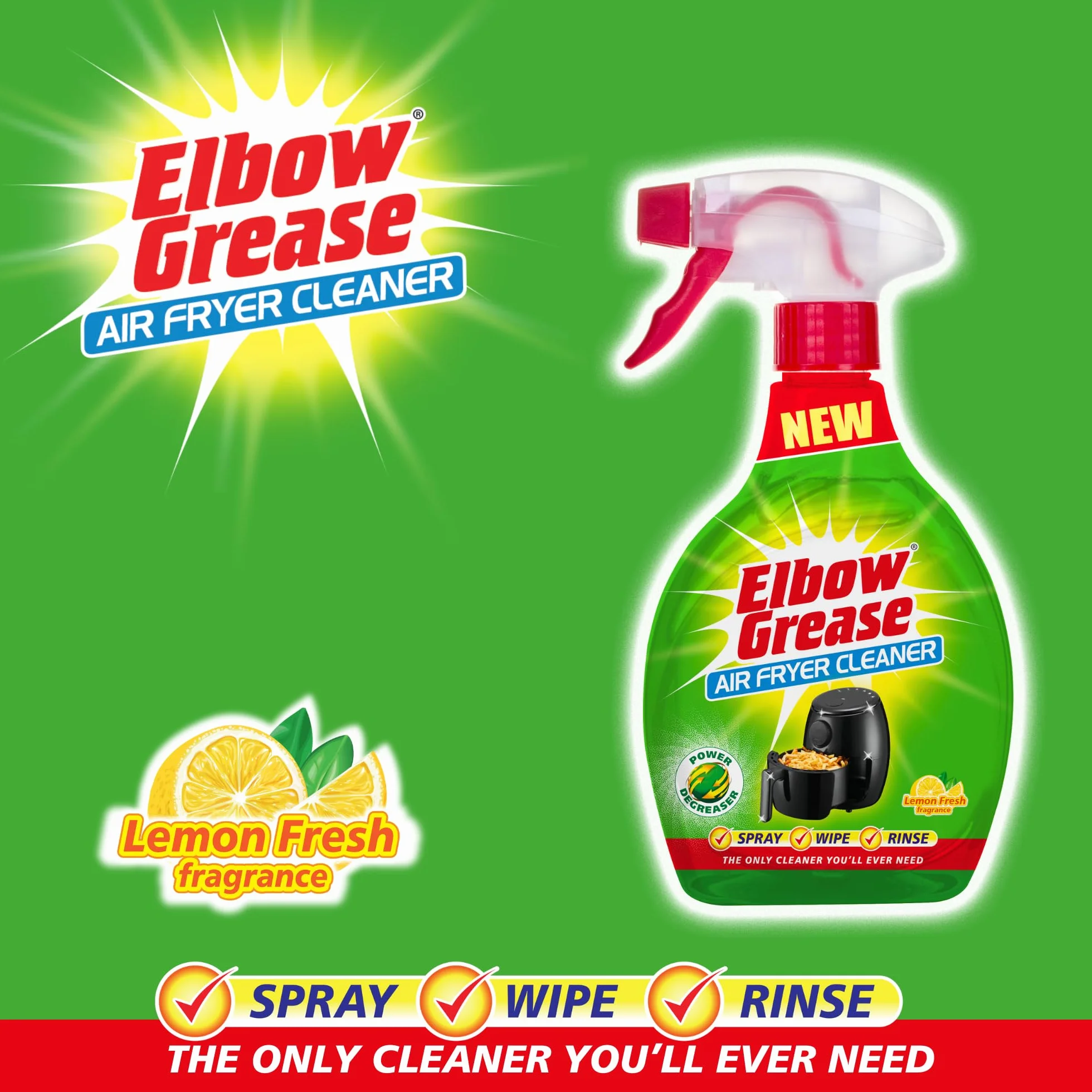 Elbow Grease Spray do czyszczenia frytkownicy powietrznej, spray, pianka, wycieranie, płukanie, przecina brud, tłuszcz i brud (świeży cytrynowy, 500 ml)