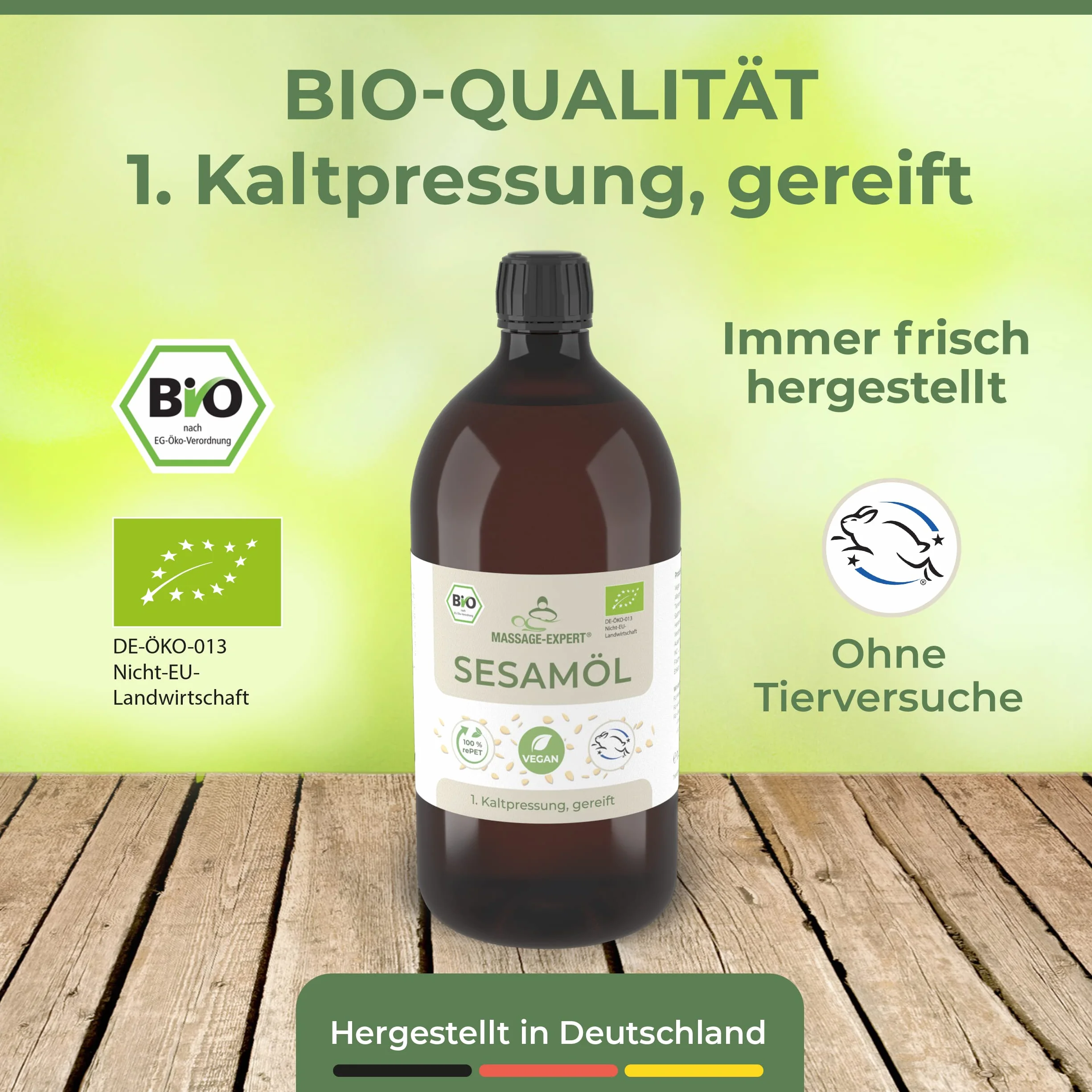 MASSAGE-EXPERT Ekologiczny olej sezamowy, tłoczony na zimno – dojrzały olejek bazowy do masażu, Ayurveda, pielęgnacji skóry i pielęgnacji włosów [1 litr z zamknięciem natryskowym]