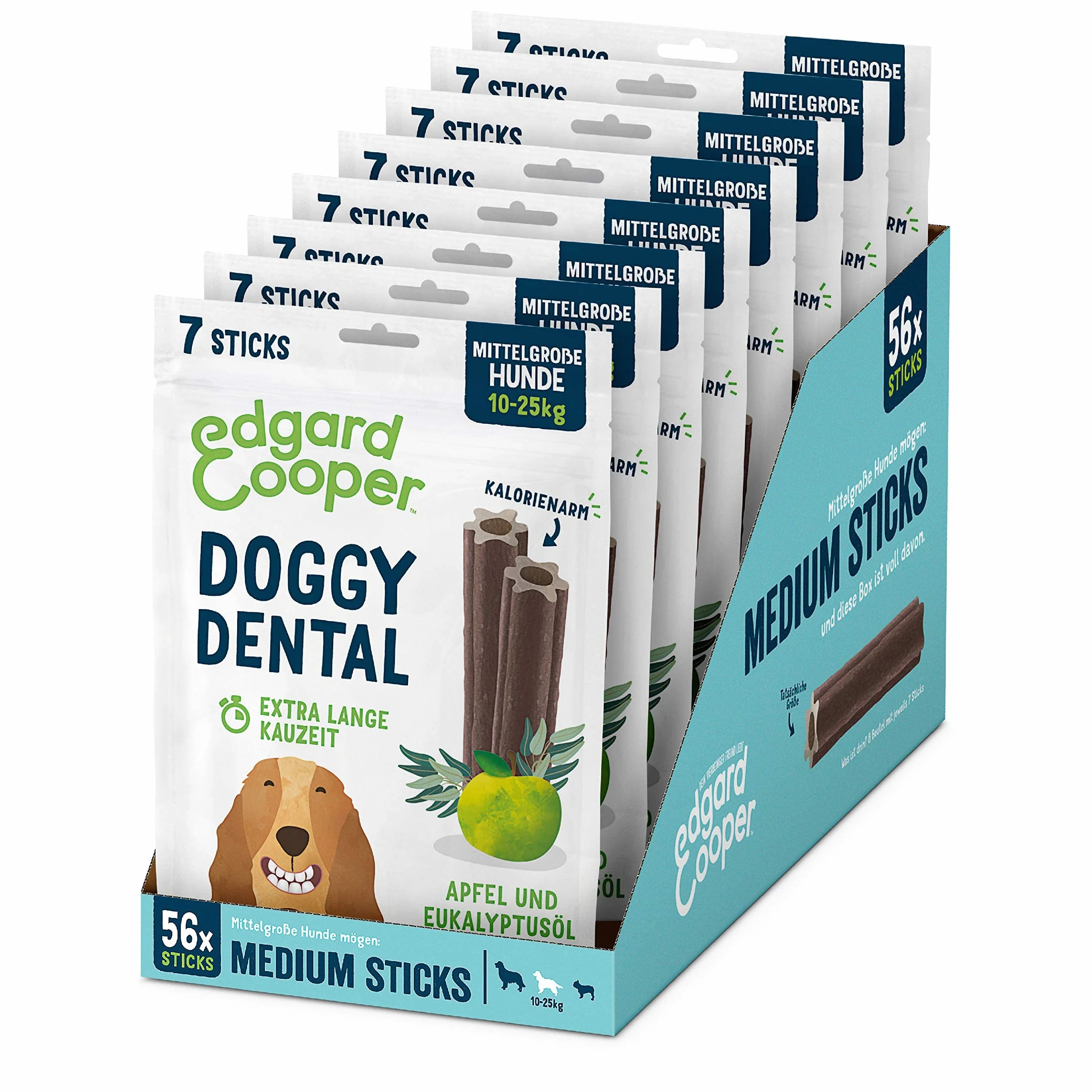 Edgard & Cooper Snacks 56 pałeczek dentystycznych, średni pies, naturalne, 8 x 7 pałeczek, pielęgnacja zębów, eukaliptus i jabłko, raz dziennie, niskokaloryczne, skuteczne żucie, świeży oddech