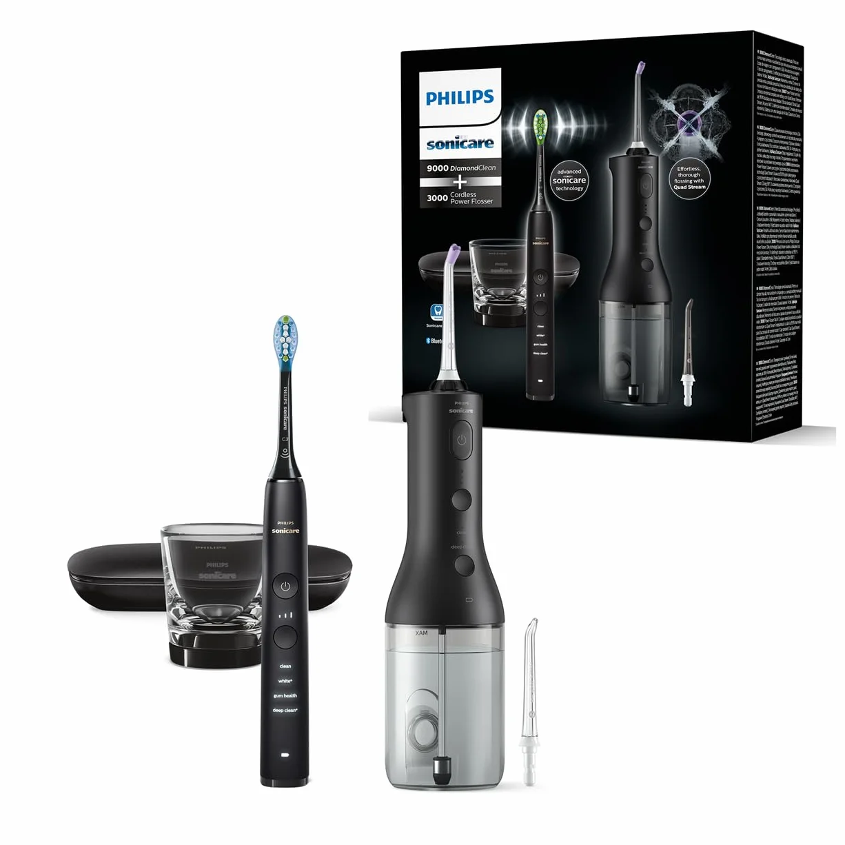 Philips Sonicare Bezprzewodowy irygator do jamy ustnej Power Flosser i szczoteczka elektryczna Philips Sonicare DiamondClean 9000 — czyste zęby i dziąsła, usuwanie płytki nazębnej, czarny (HX3886/43)