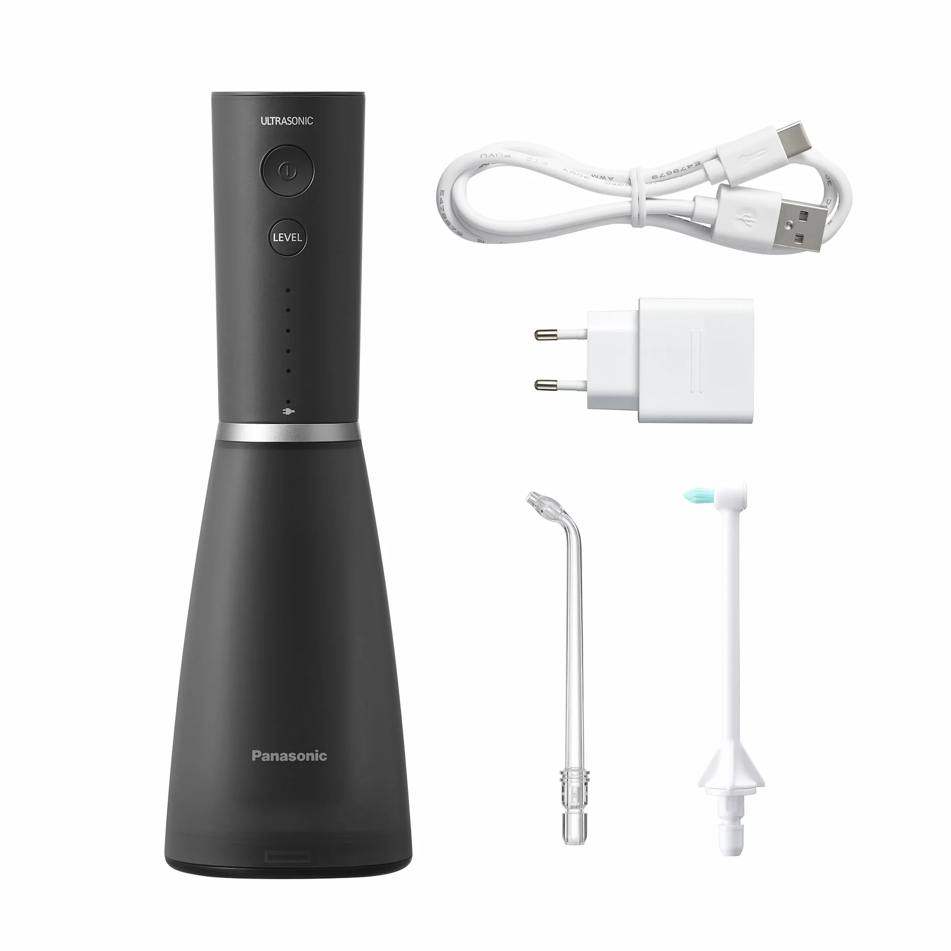 Panasonic Series 800 Ultradźwiękowy Irygator do jamu ustnej EW-DJ86-K503, do Zębów, 200 ml, 1 Dysza Ultradźwiękowa i 1 Ortodontyczna, 5 Ustawień Ciśnienia, Akcesoria Podróżne, Ładowanie USB-C, Czarny