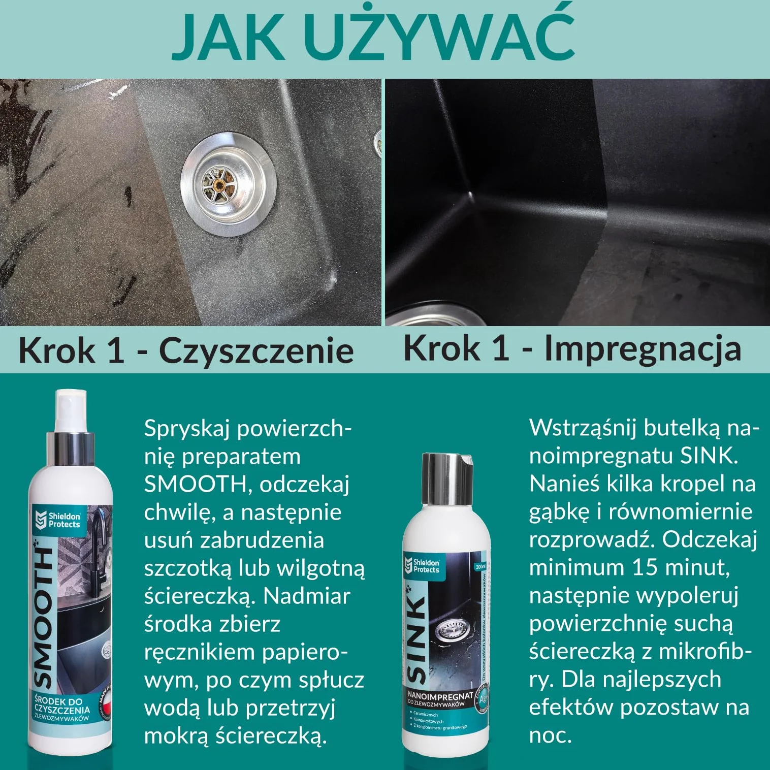 Zestaw do czyszczenia i pielęgnacji zlewozmywaków Shieldon Protects Sink Care - Impregnat do zlewu granitowego + płyn do czyszczenia - usuwa codzienne zabrudzenia, wydobywa kolor, nabłyszcza i chroni
