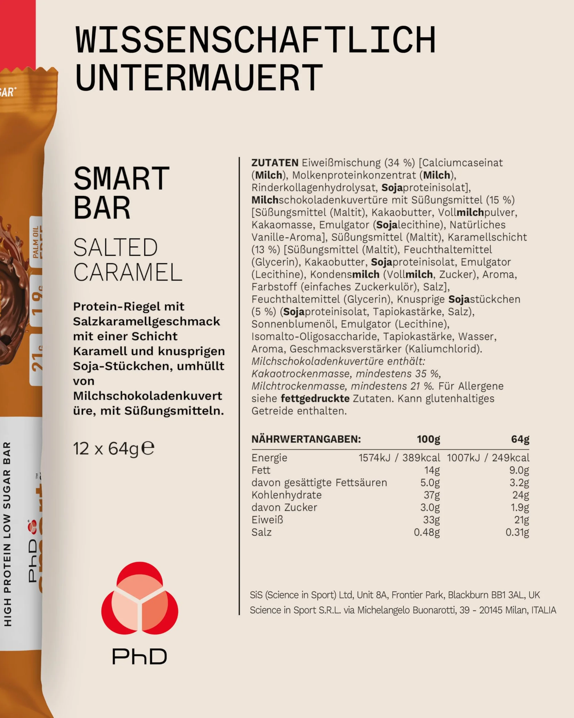PhD Nutrition Smart Plant Bar baton proteinowy wegański 20g białka 64g 12 sztuk solony karmel