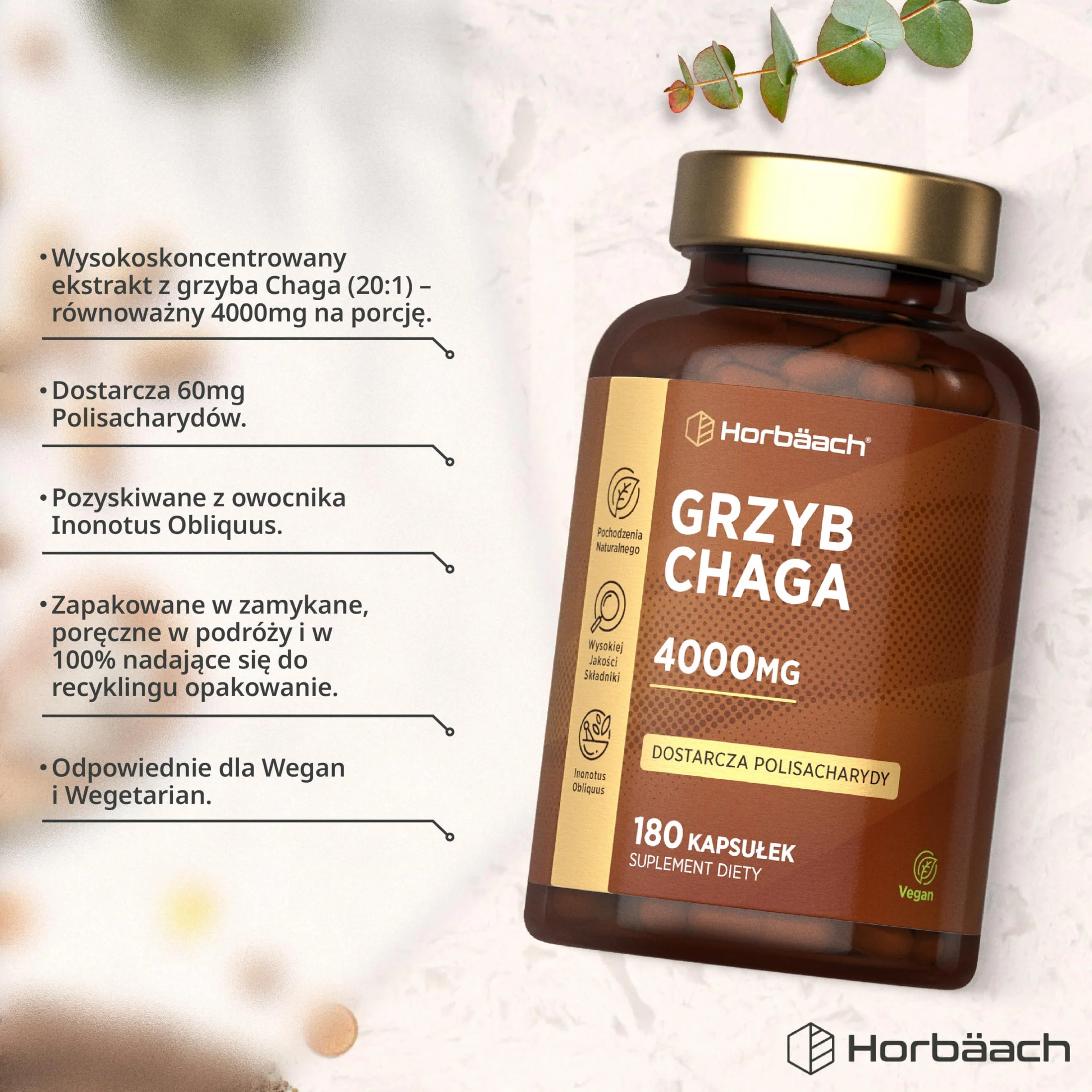 Chaga Grzyb Kapsułki 4000mg | Błyskoporek Podkorowy lub Chaga (Inonotus obliquus) | Naturalnego Pochodzenia | 90 Wegańskich Kapsułek | marki Horbaach
