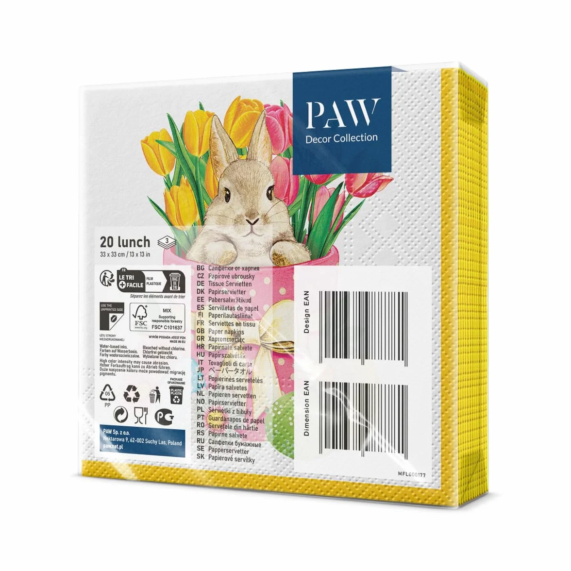 PAW - Serwetki papierowe 3-warstwowe (33 x 33 cm) I 20 sztuk I Idealne na Wielkanoc, imprezy, wiosnę i uroczystości I Dekoracja stołu Wielkanocne Kolorowe serwetki papierowe I Kwiaty Królik