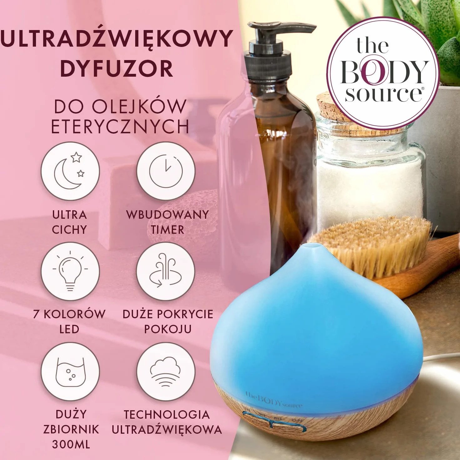 The Body Source Dyfuzor Zapachowy Olejków Eterycznych, Ultradźwiękowa Lampa LED Zapachowa z 7 kolorami, Elektryczny Nawilżacz Powietrza, Timer, Aromaterapia Do Domu, Biura, Pokoju Dziecięcego, 300 ml