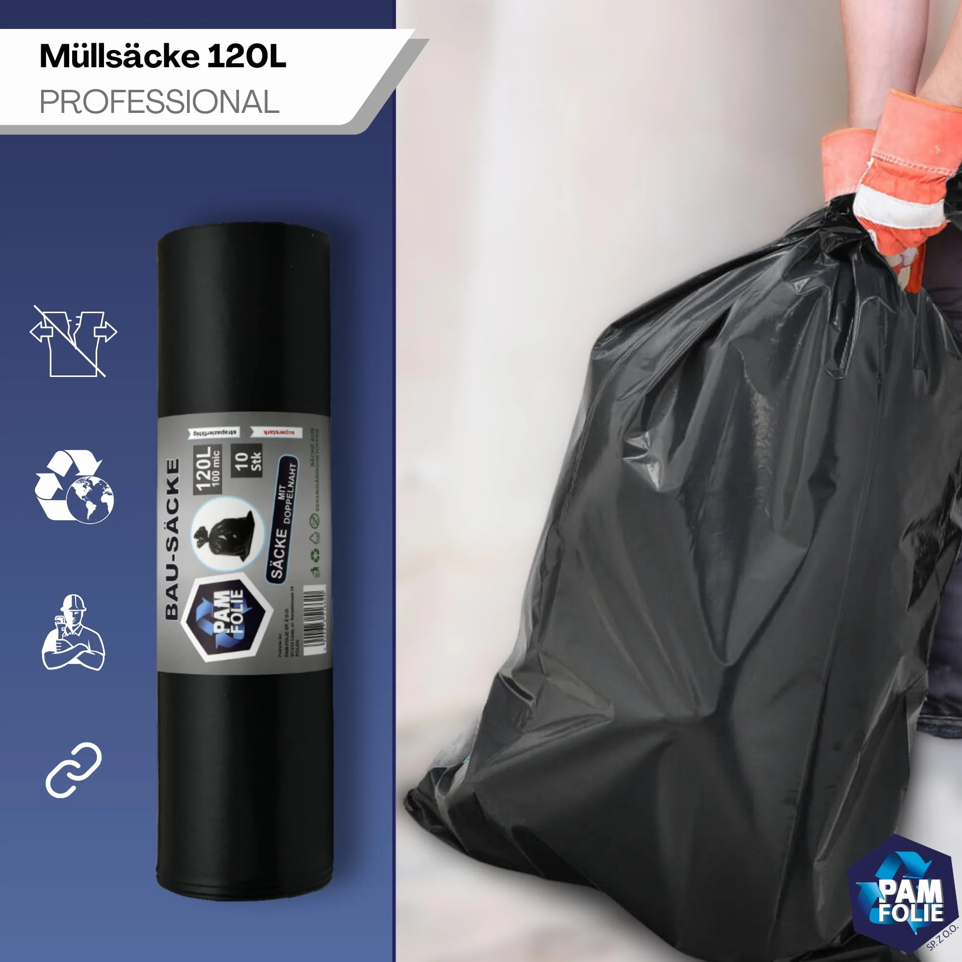 Worki na śmieci 120L - 10 sztuk - Bardzo grube, wytrzymałe worki na śmieci, Professional - 110x70cm - 100µm - czarne worki na śmieci - worki na gruz - worki na odpady gruzowe
