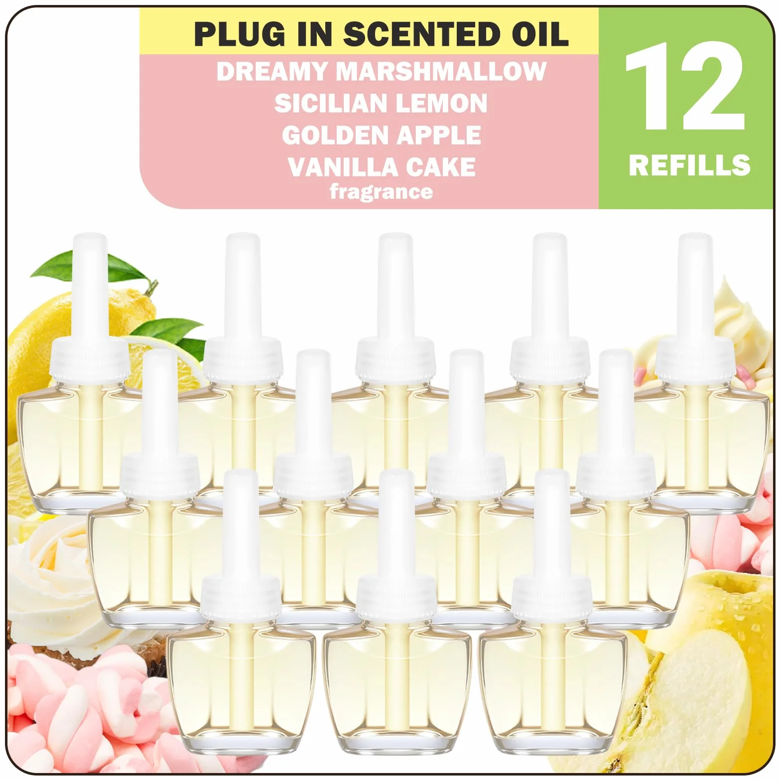SCENTORINI Napełniacz flakonu olejku zapachowego, kompatybilny z wtyczkami zapachowymi Air Wick i Glade, 12 x 19 ml, marzycielski marshmallow, sycylijska cytryna, złote jabłko, ciasto waniliowe