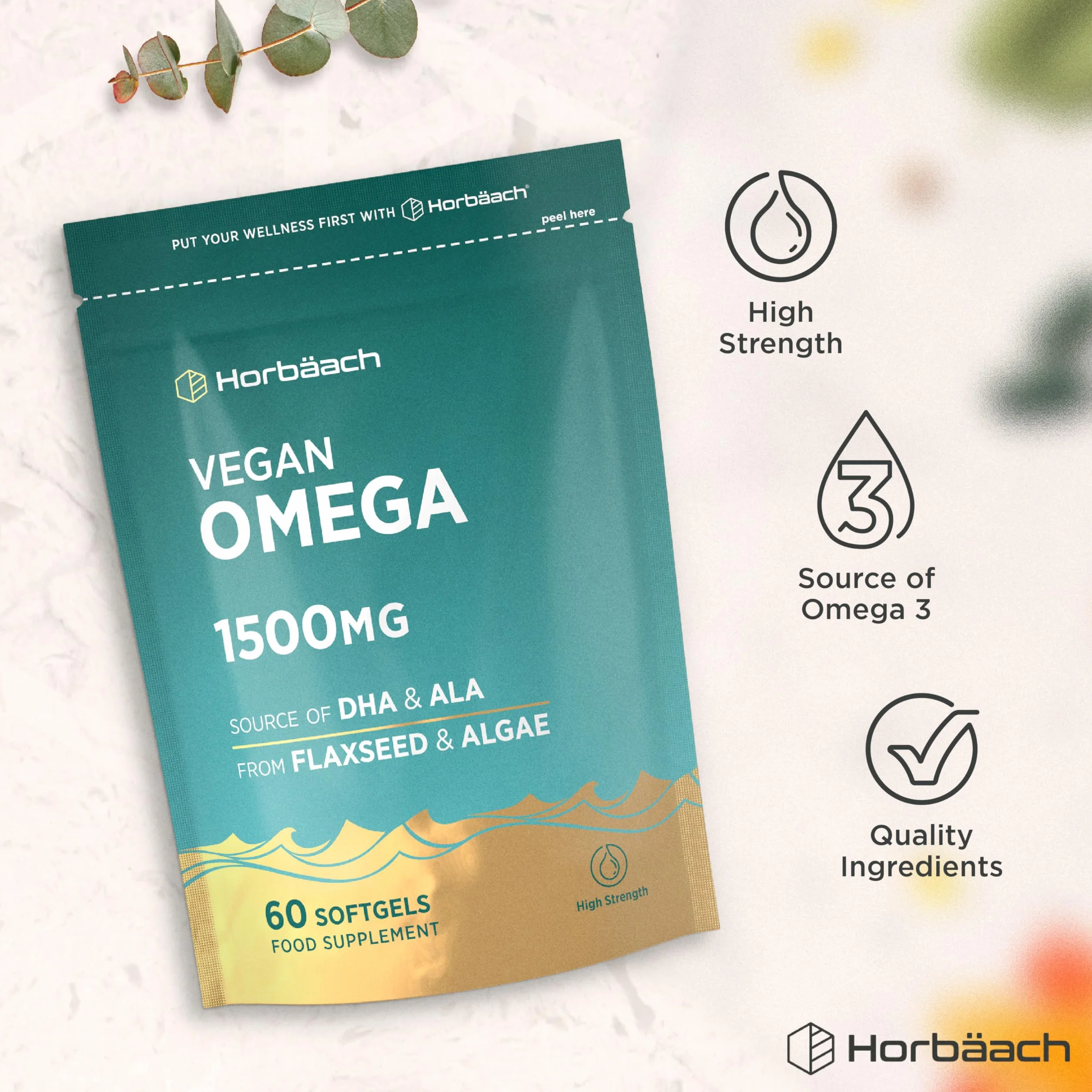 Horbaach Omega 3 DHA z oleju z Alg 1500mg 60 kapsułek 450mg ALA 240mg DHA