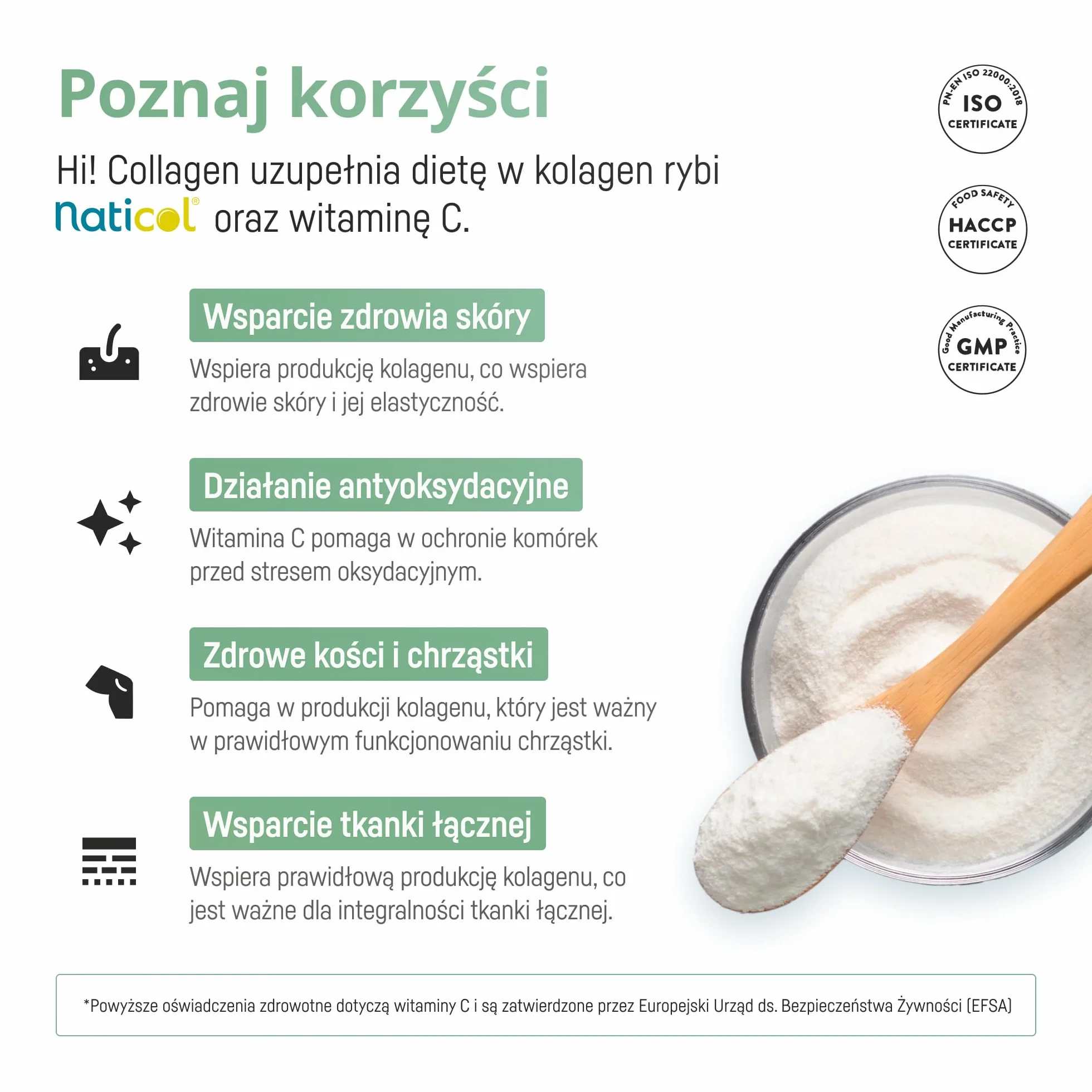 Kolagen morski hydrolizowany w proszku z witaminą C – Naticol 5000 mg, peptydy 2000 Dalton – Typ I i III – Czysty, bez smaku – Hi Collagen (30 porcji, 1 miesiąc)