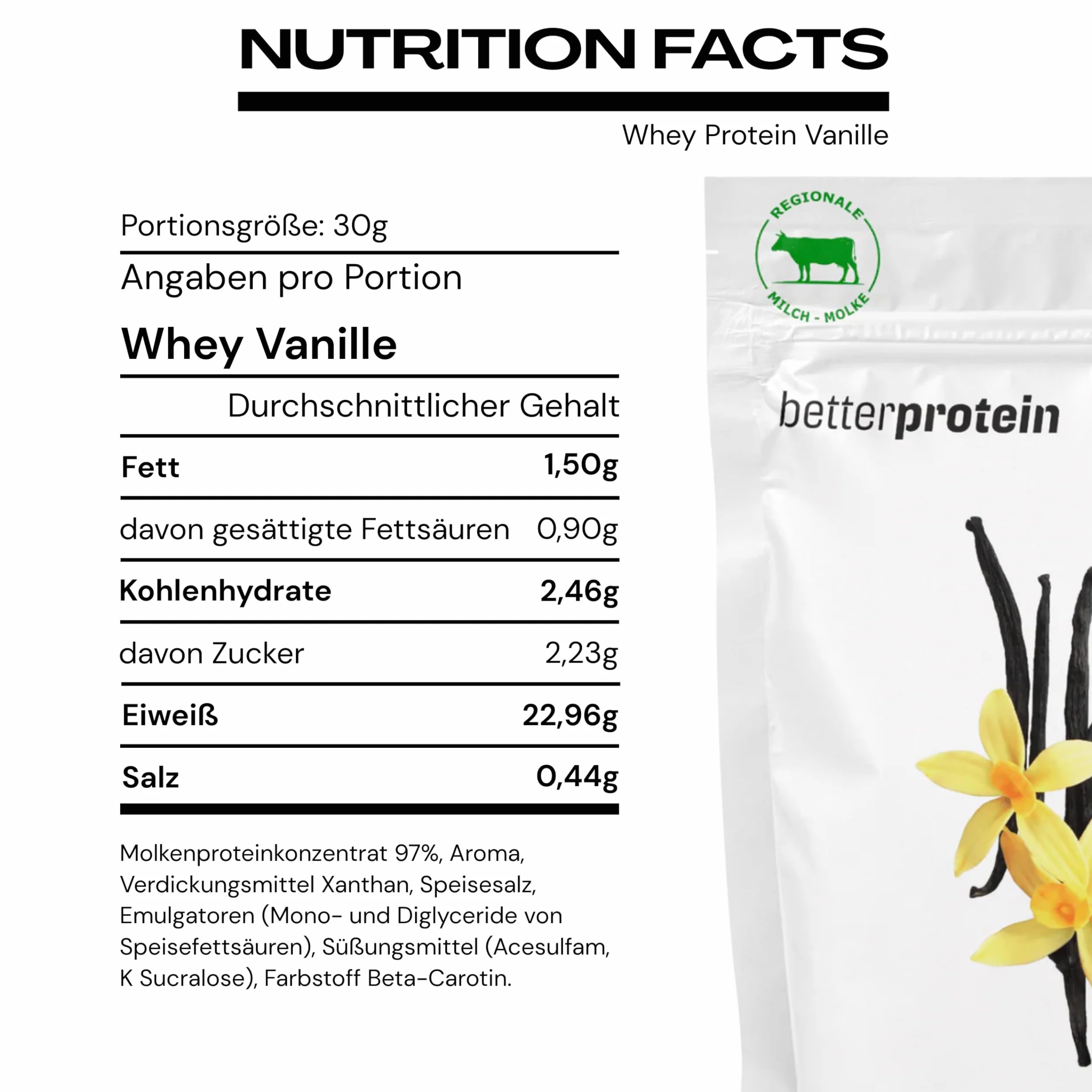 Serwatka w proszku - Wanilia 1 kg - Wyprodukowany w Niemczech z regionalnego mleka - BetterProtein® - Proszek białkowy do budowy mięśni i odchudzania - woreczek