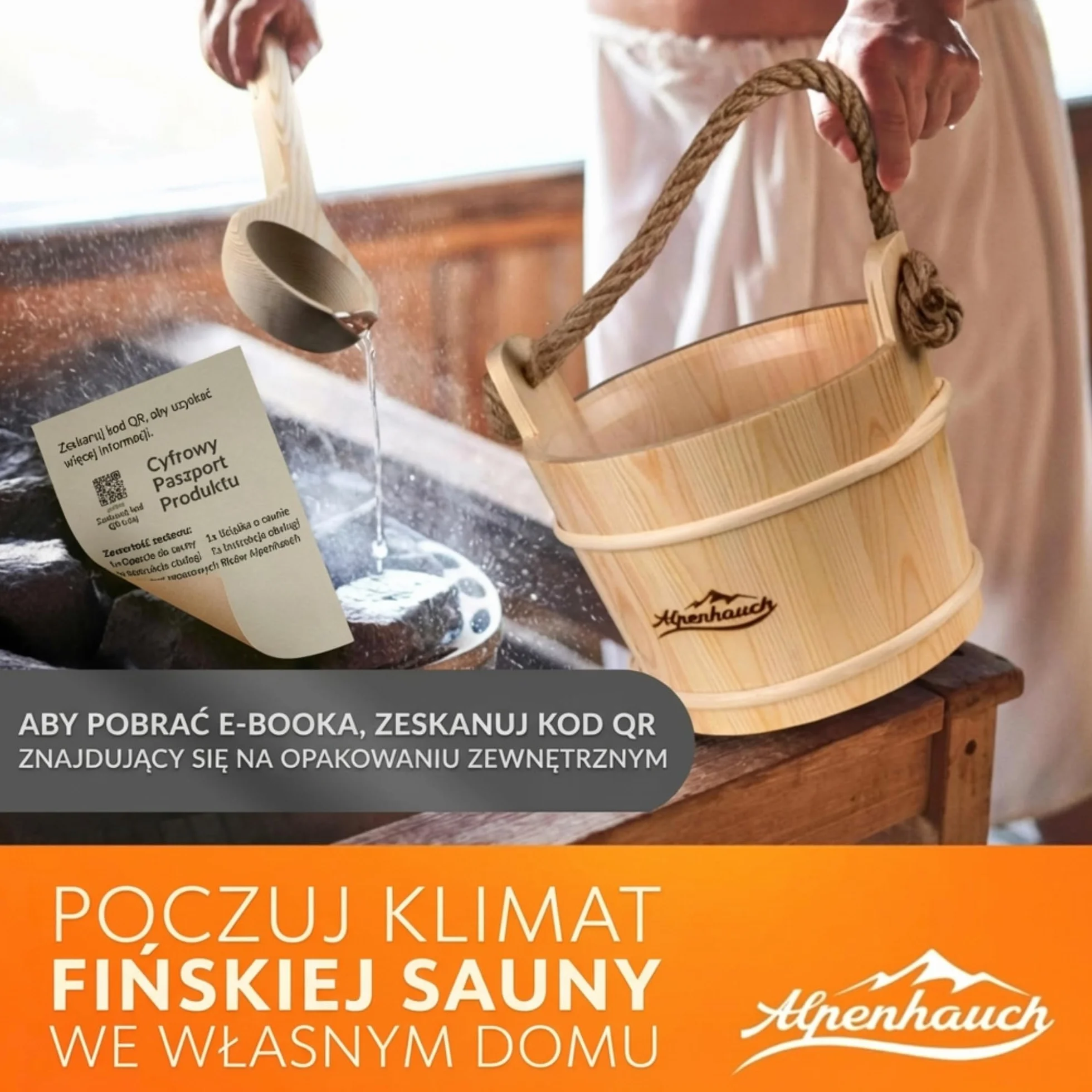 ALPENHAUCH Wiadro do sauny z chochlą [100% naturalne drewno] – eleganckie wiadro do sauny z klepsydrą i termometrem – trwałe akcesoria do sauny – zestaw wiader do nalewania z chochlą, klepsydrą i