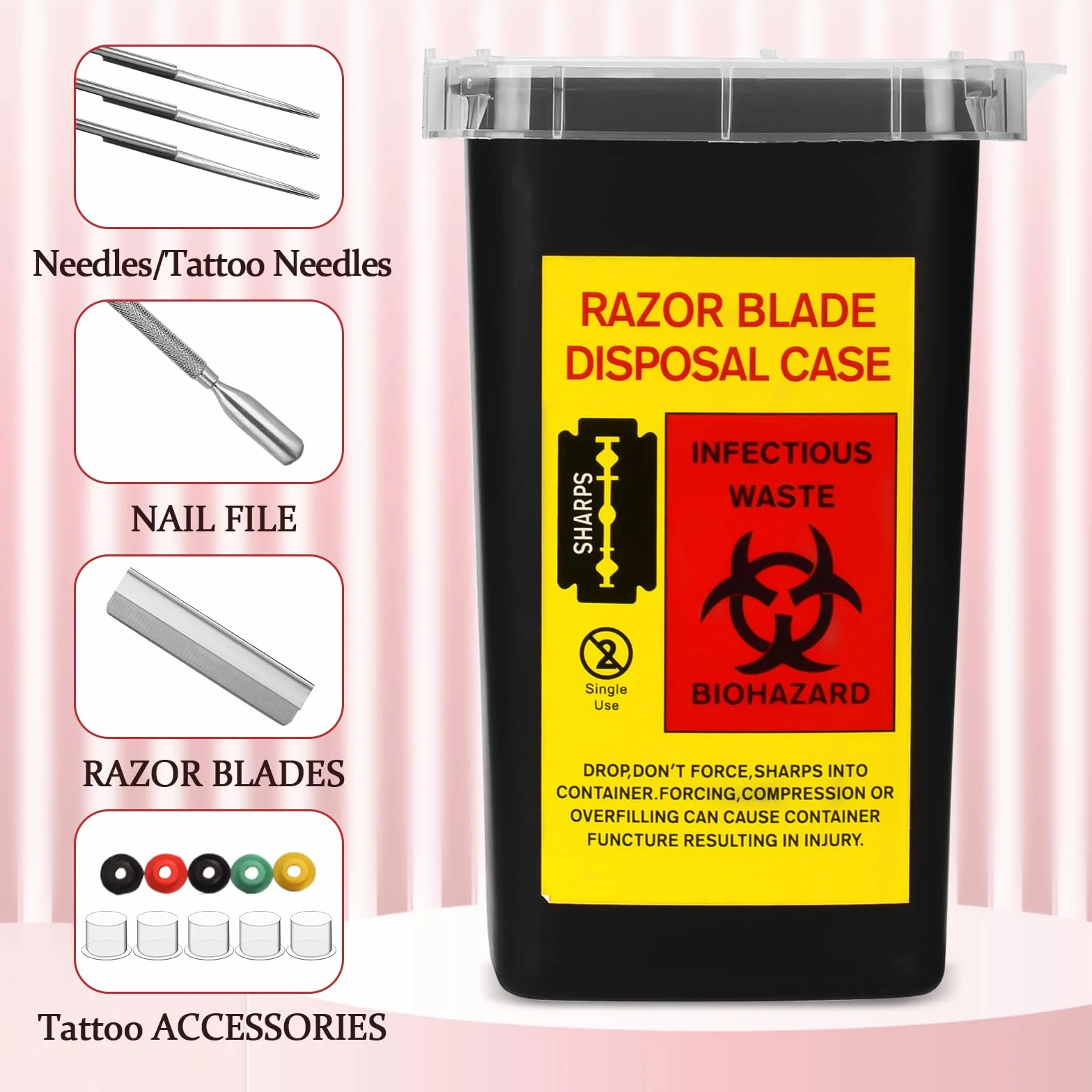 ATOMUS 2 szt. 1 l Black Tattoo Plastic Sharps Container Needle Disposal Bin with Lid