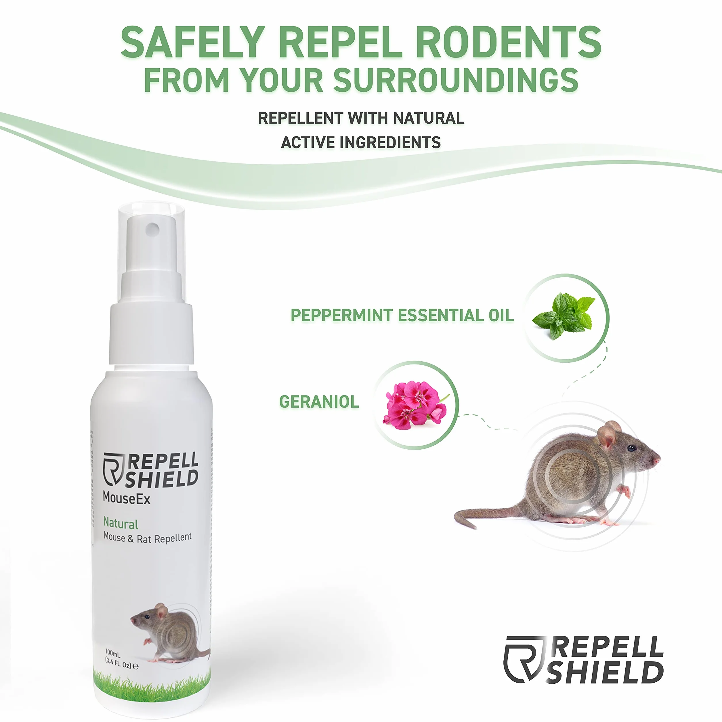 RepellShield Wegański spray do odstraszania myszy – spray z olejkiem miętowym do nieagresywnego odstraszania myszy, naturalny spray przeciw szczurom, do ogrodu, pojemność 100 ml