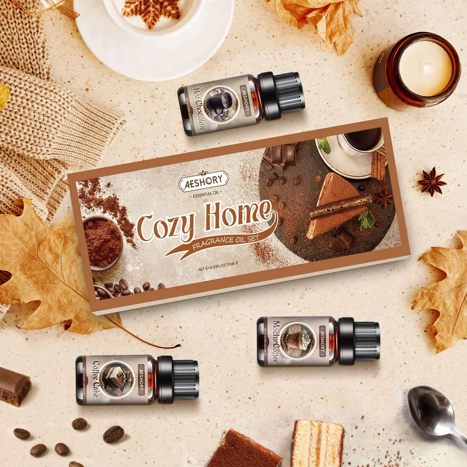 AESHORY Zestaw Olejków Eterycznych Cozy Home 6 X 10 Ml, Olejki Zapachowe Do Aromaterapii Do Dyfuzora, Do Wyrobu Świec - Brązowy Cukier, Szarlotka, Ciasto Kawowe, Kawa Mokka, Gorąca Czekolada, Skóra