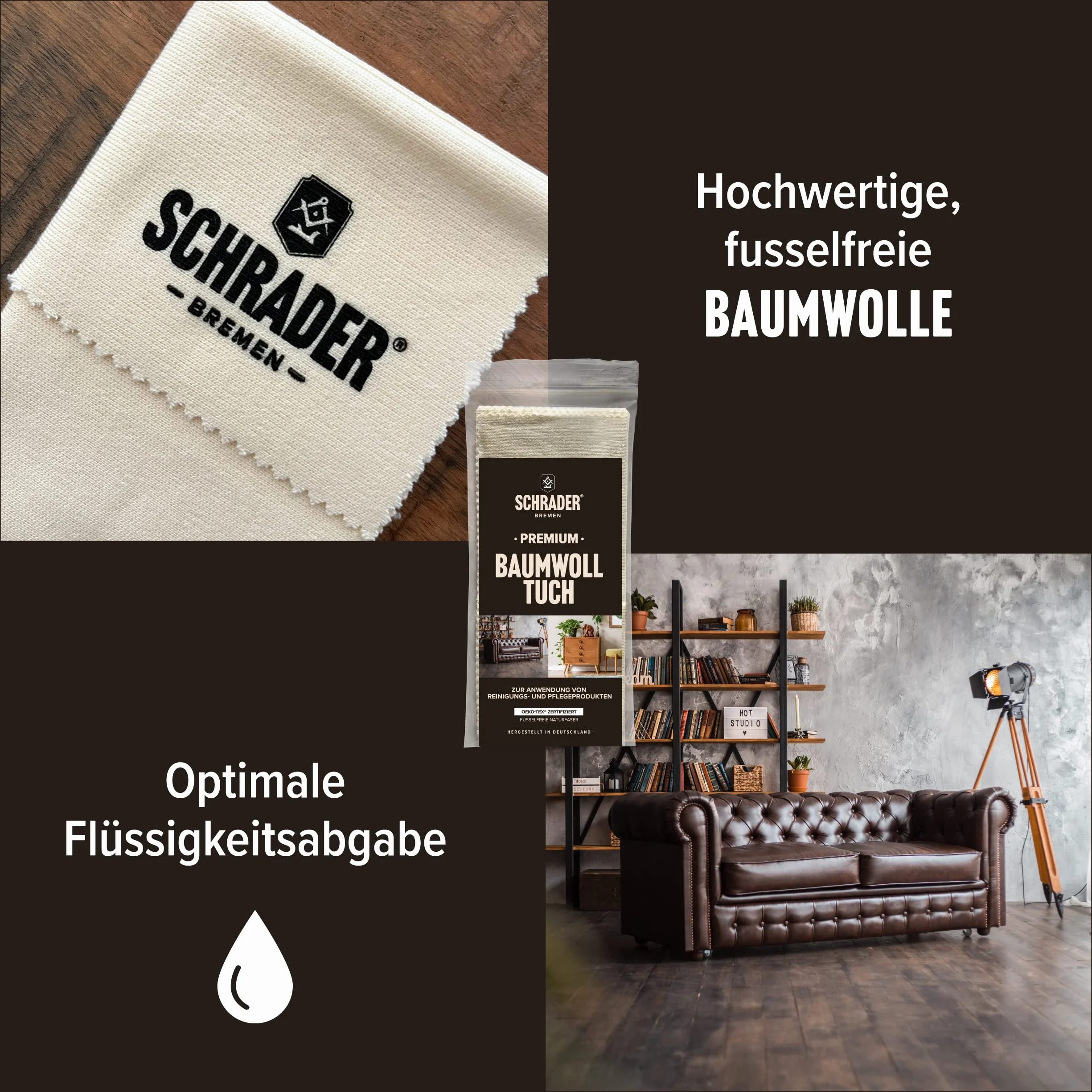 SCHRADER 3-częściowy zestaw do pielęgnacji skóry – środek do czyszczenia, balsamu i ściereczki do polerowania – neutralny kolor – meble skórzane i odzież skórzana, 3-częściowy – Made in Germany