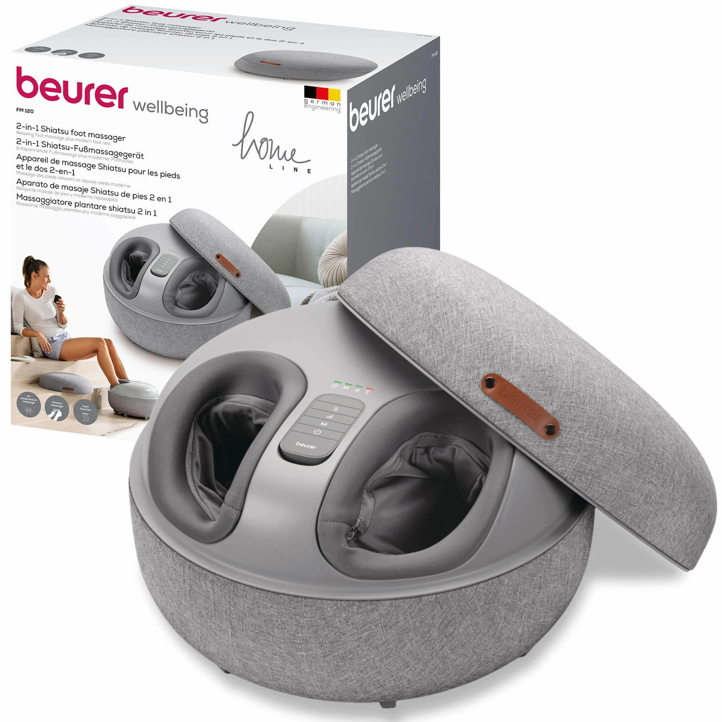 Beurer FM 120 Masażer do stóp Shiatsu 2 w 1 i nowatorski stołek do siedzenia, kojący masaż kompresyjny powietrzem dla relaksu i regeneracji, z przełączaną funkcją ogrzewania, jakościowa tkanina
