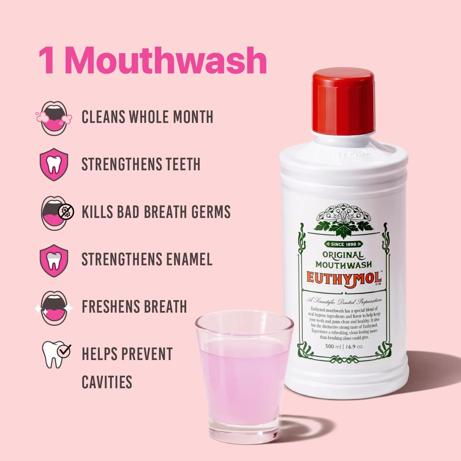 Euthymol Mouthwash Original 500ml Bez Fluoru Intensywny Smak Redukuje Płytkę Zdrowe Zęby i Dziąsła